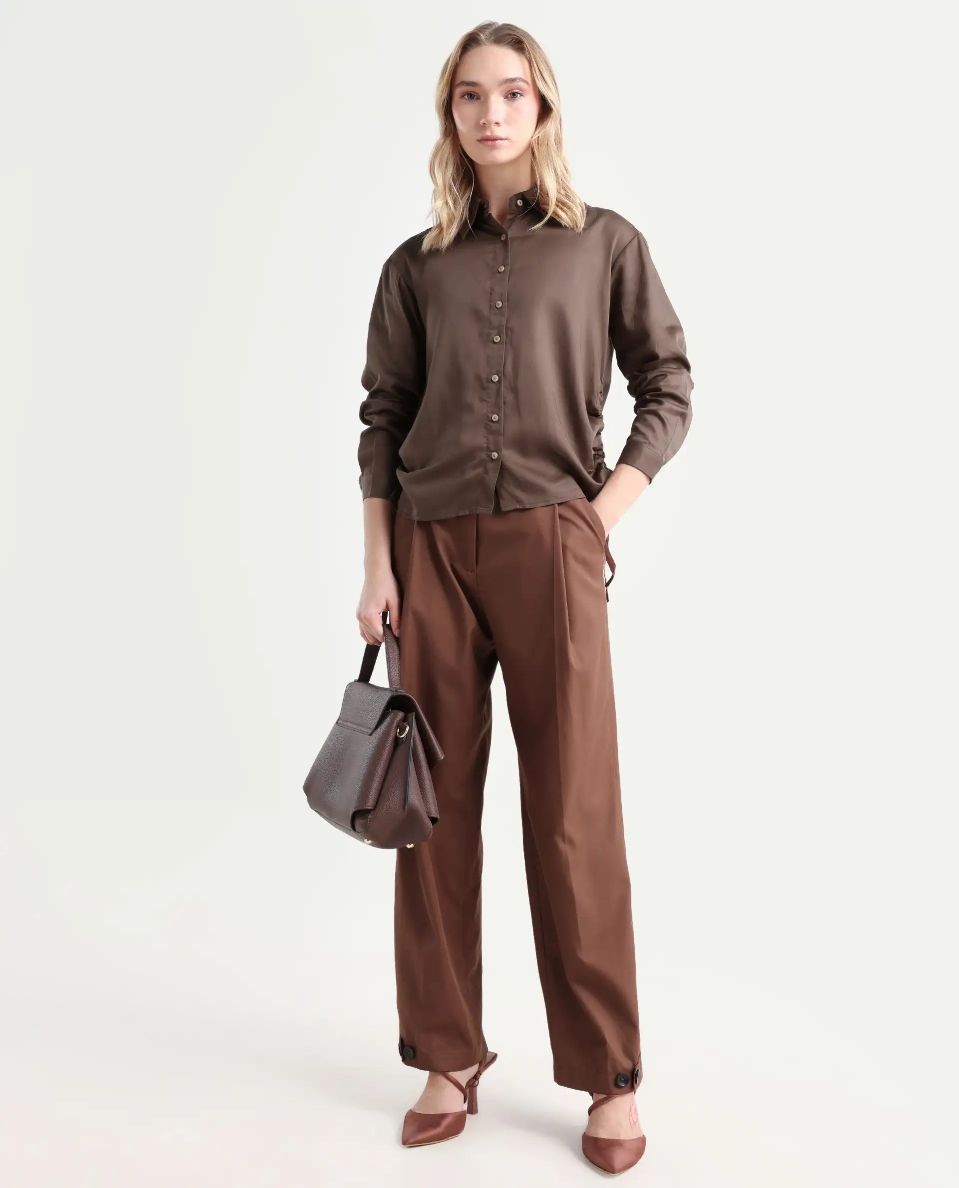 Rareism Women's Avocado Brown Cotton Spread Collar Plain Regular Fit Top