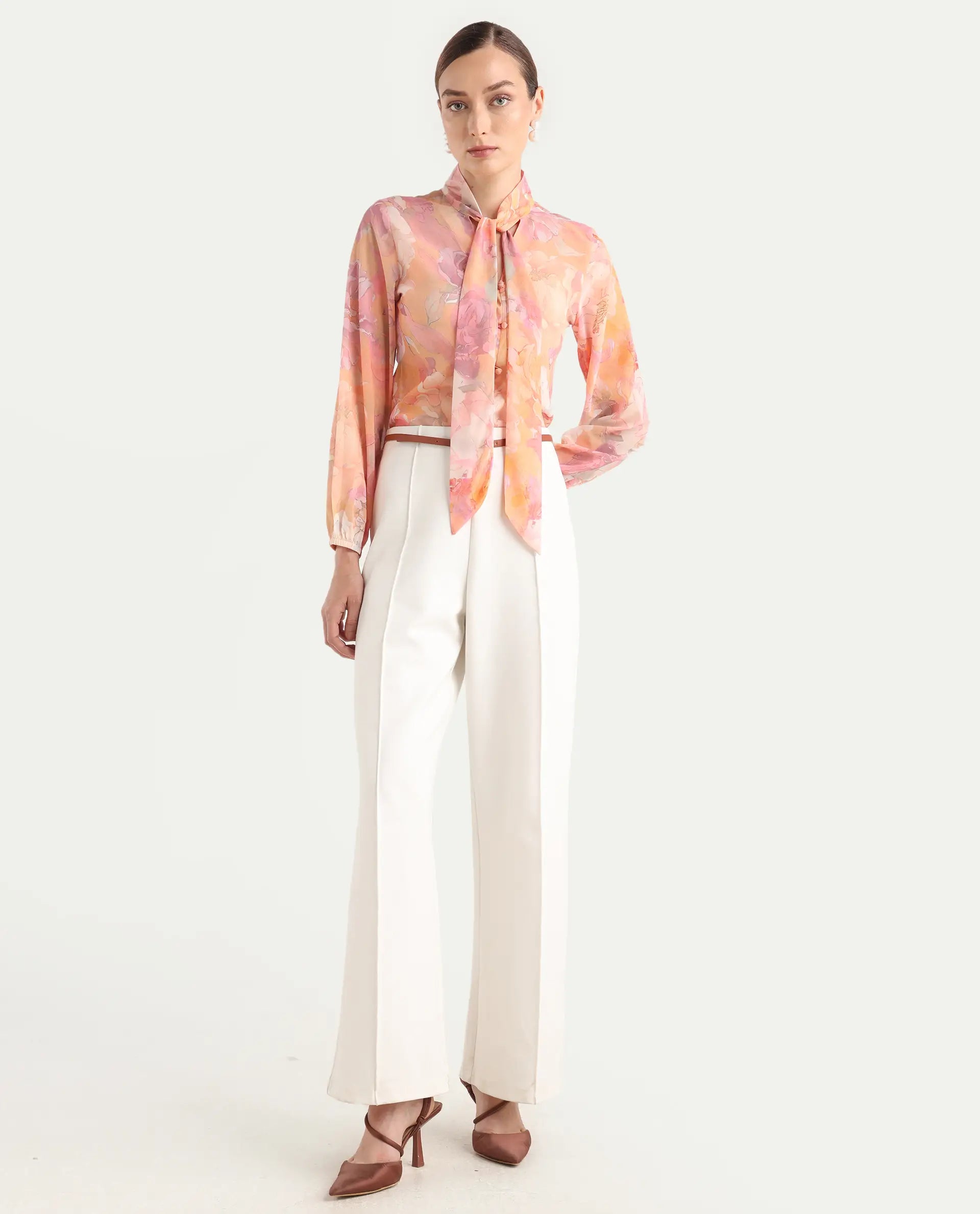 Rareism Women's Avoin Light Multi Polyester Tie-Up Regular Floral Print Top