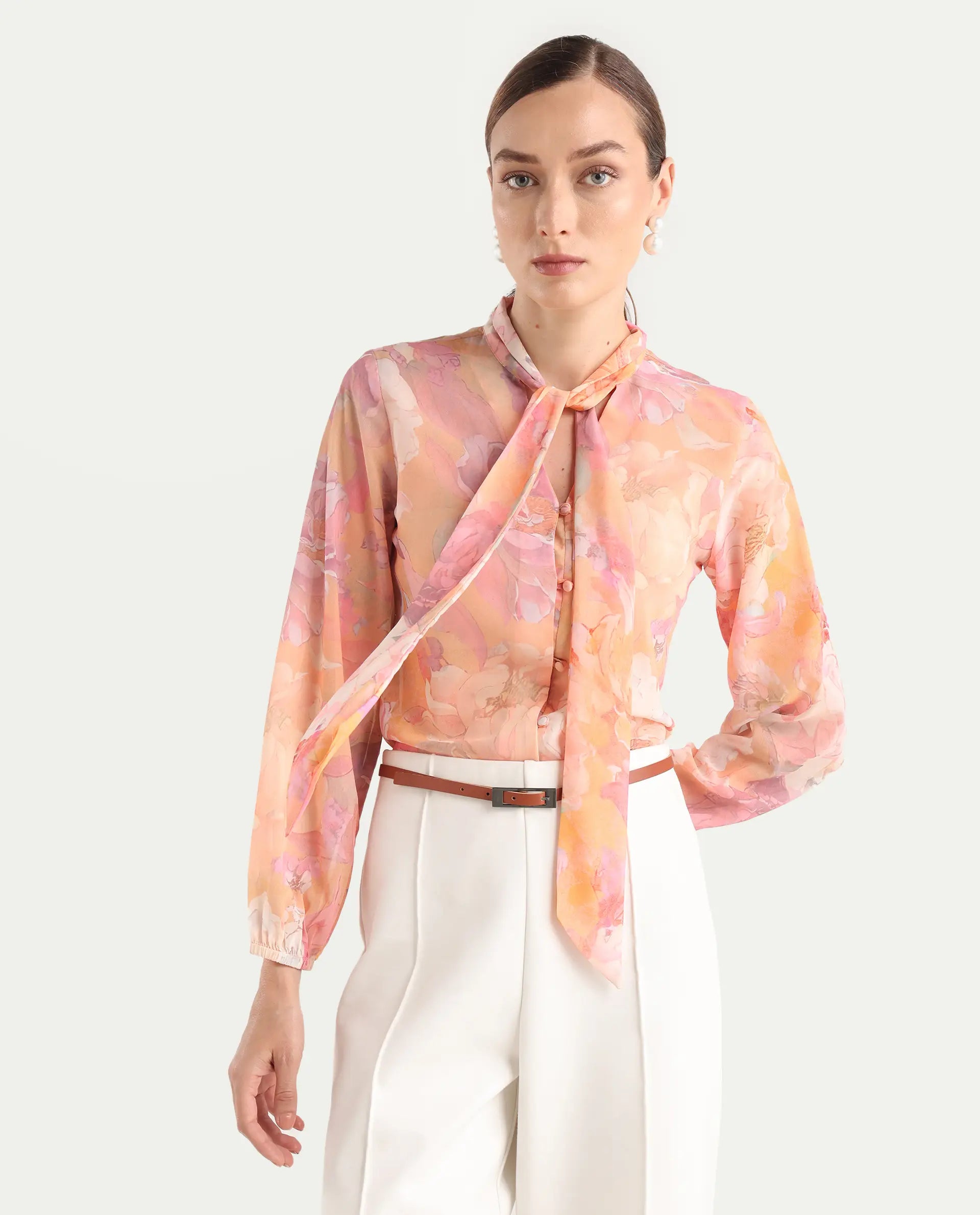 Rareism Women's Avoin Light Multi Polyester Tie-Up Regular Floral Print Top