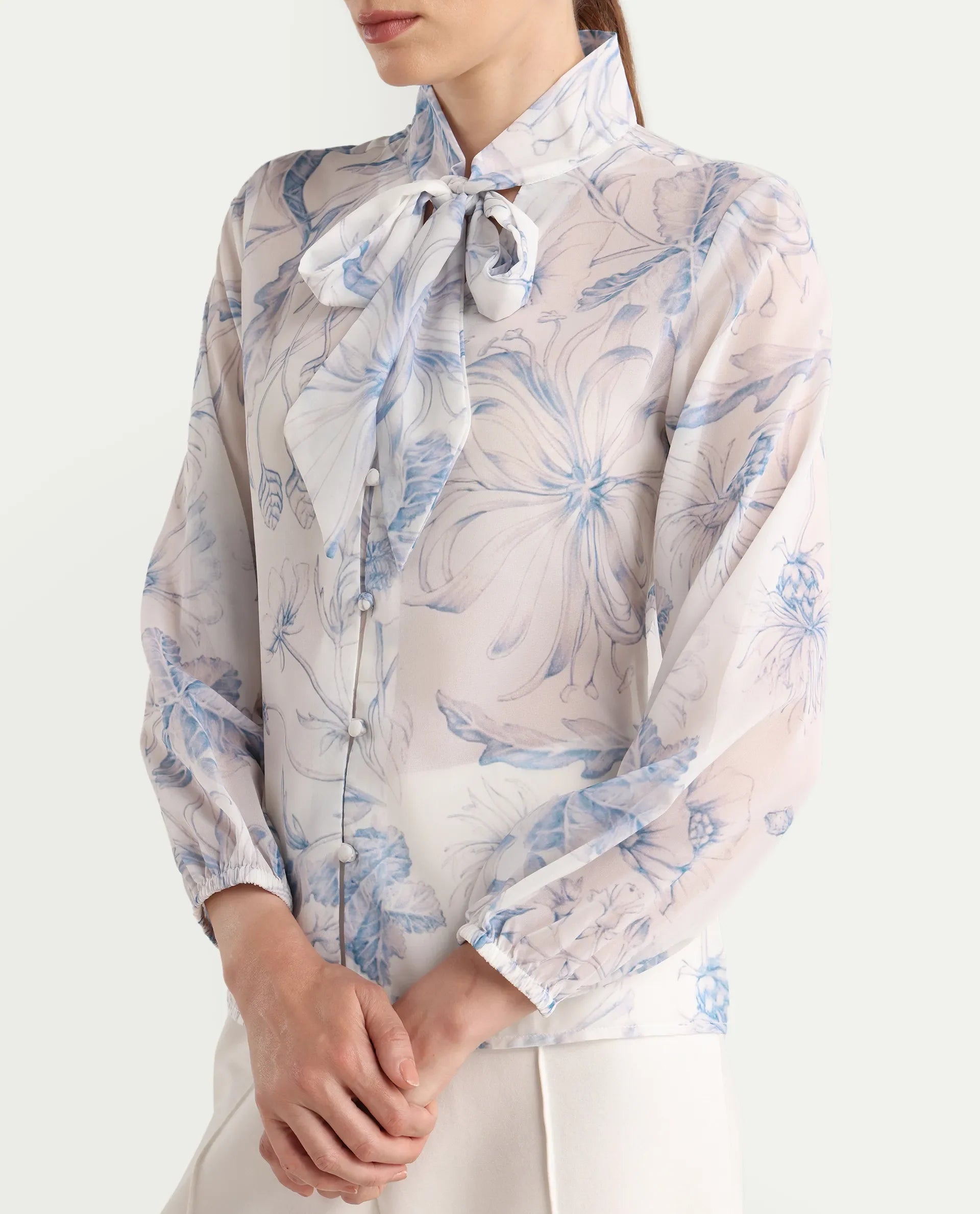 Rareism Women's Avoi White Polyester Tie-Up Regular Floral Print Top