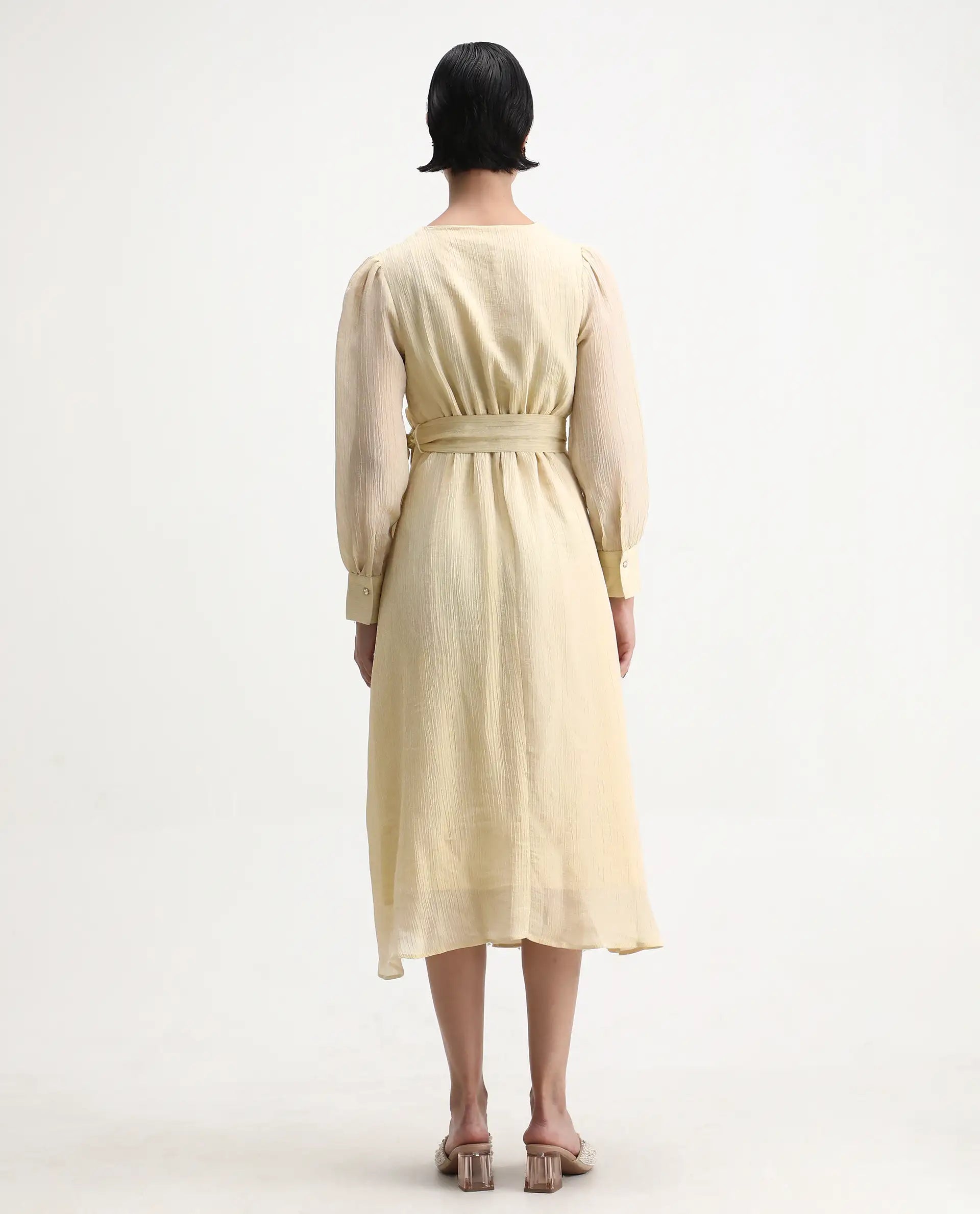 Rareism Women's Avsi Gold Polyester Wrap Neck Fit And Flare Plain Midi Dress