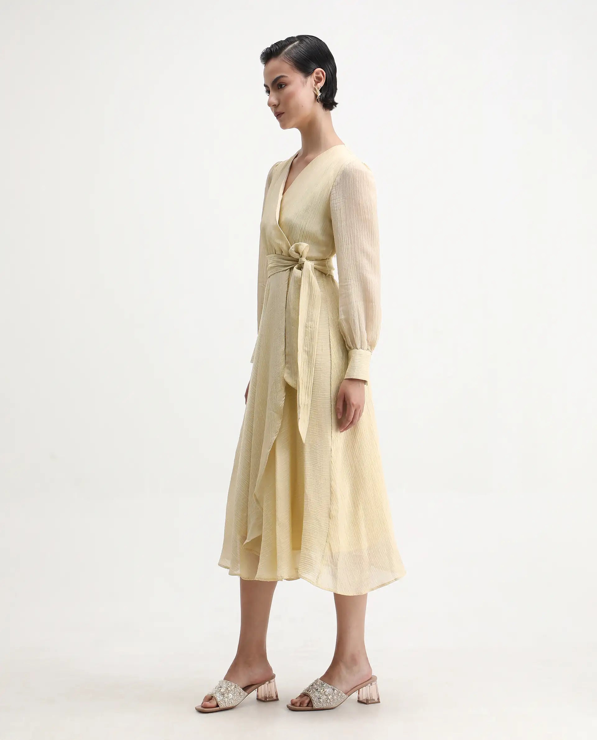 Rareism Women's Avsi Gold Polyester Wrap Neck Fit And Flare Plain Midi Dress