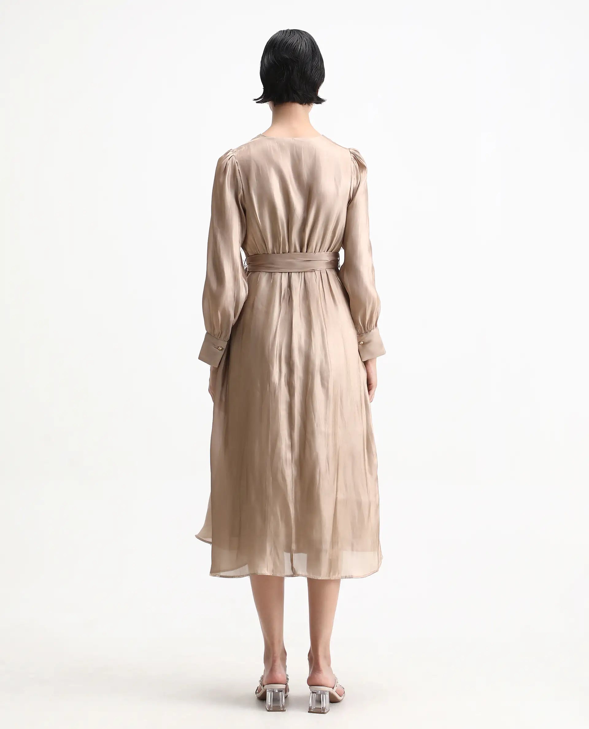 Rareism Women's Avsin Gold Polyester Wrap Neck Fit And Flare Plain Midi Dress