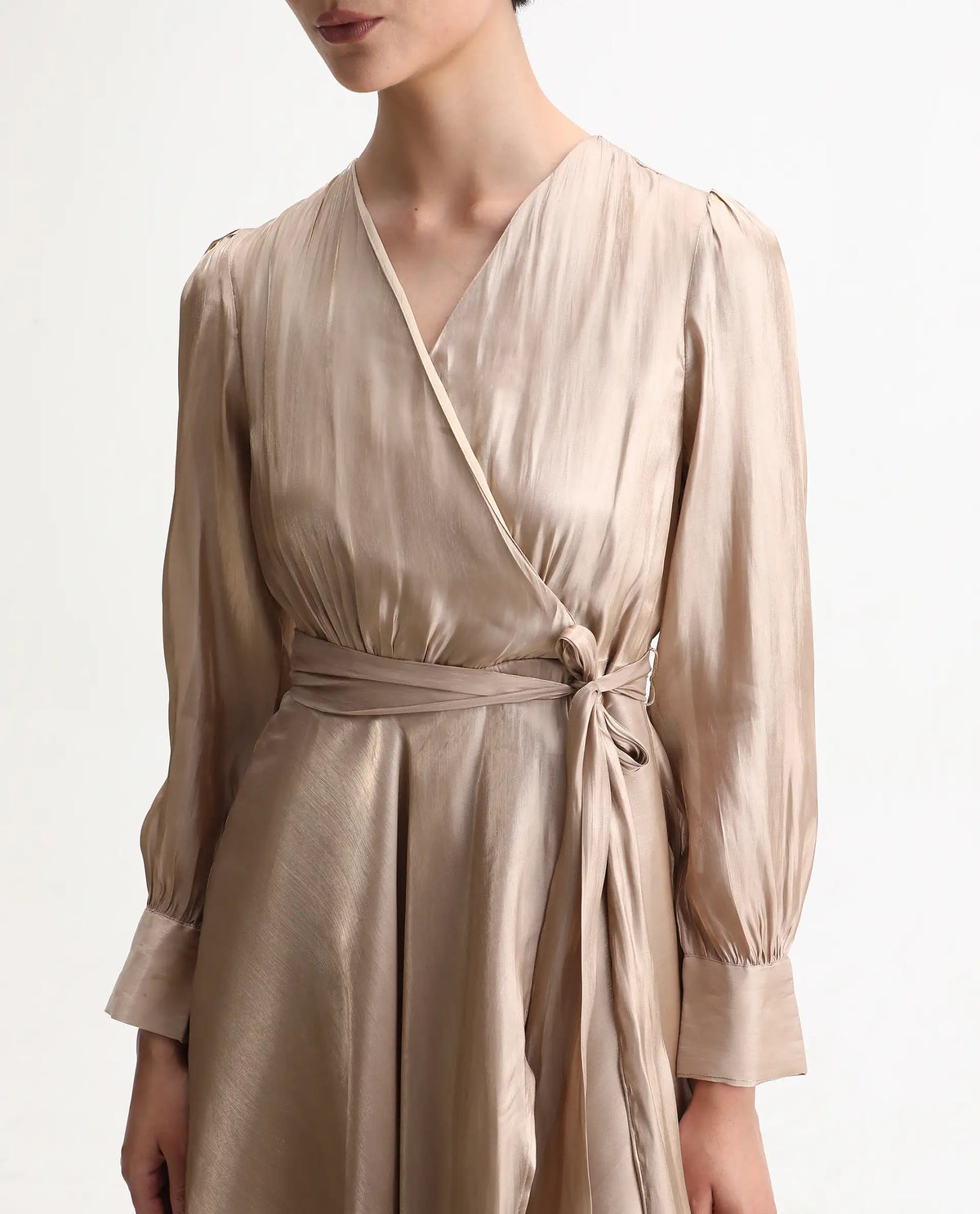 Rareism Women's Avsin Gold Polyester Wrap Neck Fit And Flare Plain Midi Dress