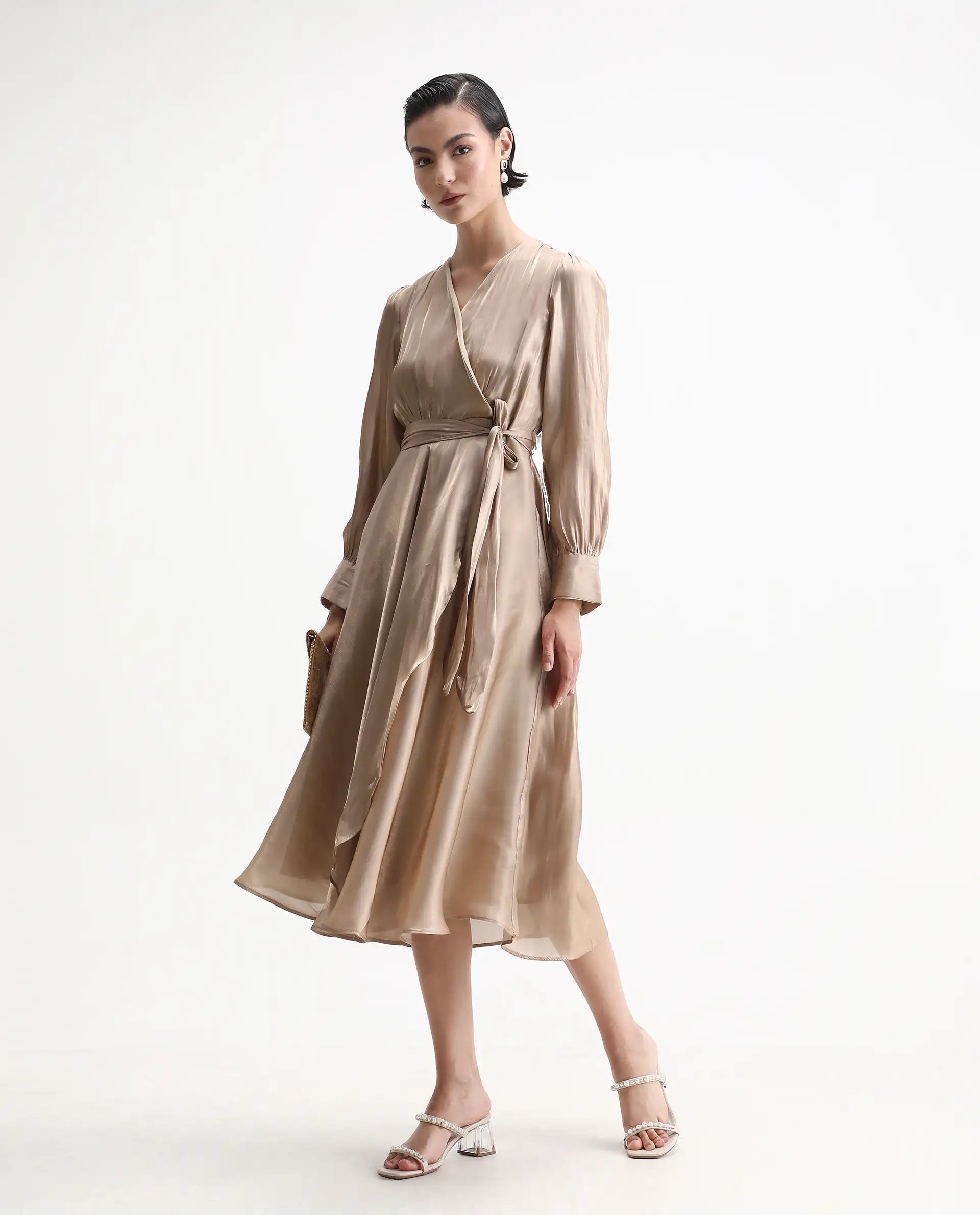 Rareism Women's Avsin Gold Polyester Wrap Neck Fit And Flare Plain Midi Dress