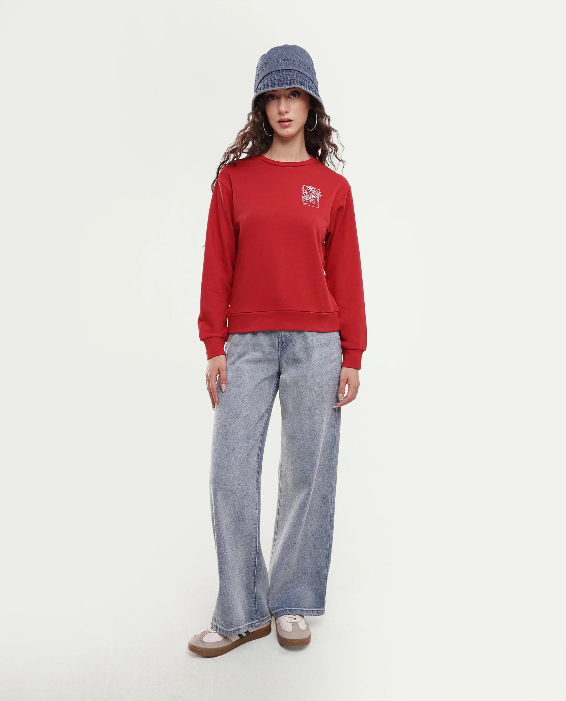Rareism Women's Pluck Red Cotton Blend Pull-On Relaxed Fit Printed Sweatshirt