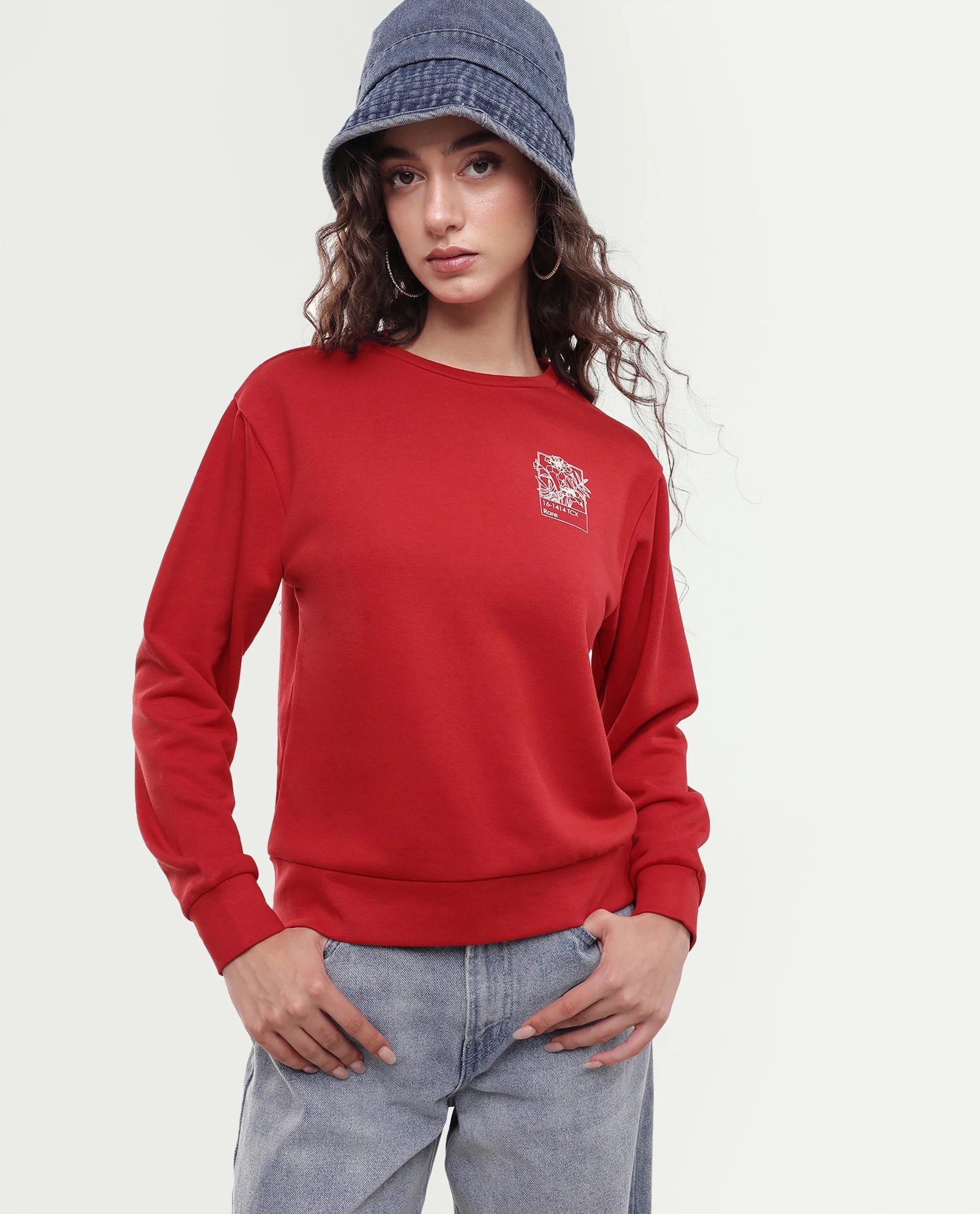 Rareism Women's Pluck Red Cotton Blend Pull-On Relaxed Fit Printed Sweatshirt