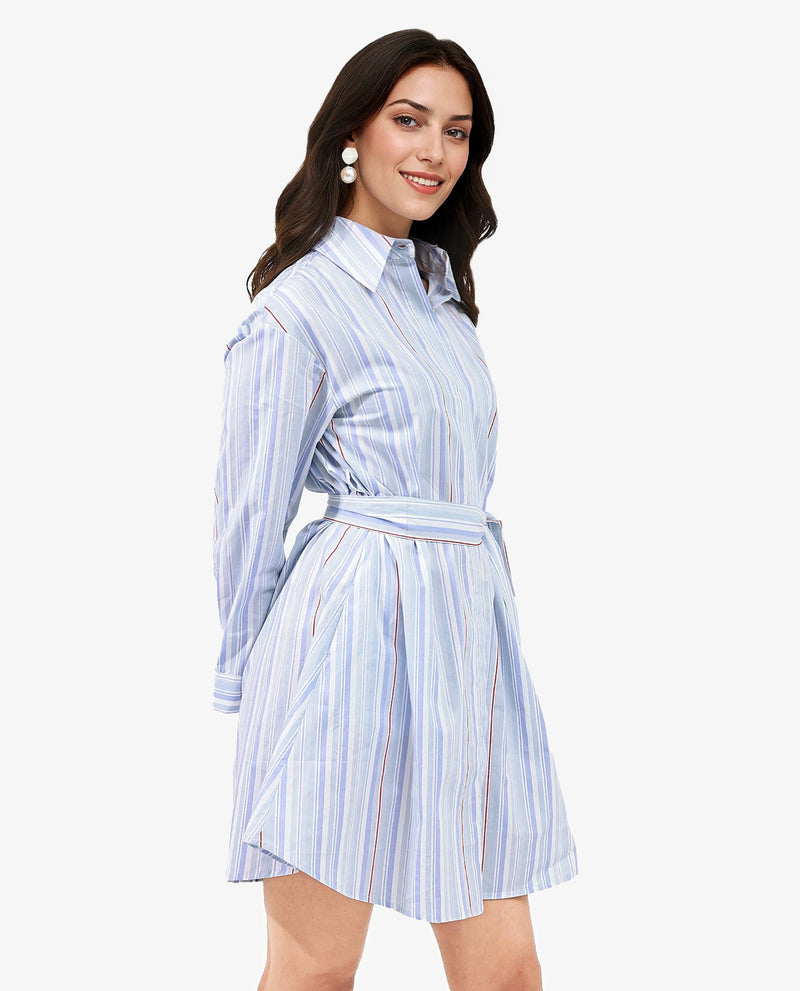 Rareism Women Aydal Light Blue Cotton Fabric Sleeveless Collared Neck Button Closure Stripe Regular Fit Dress