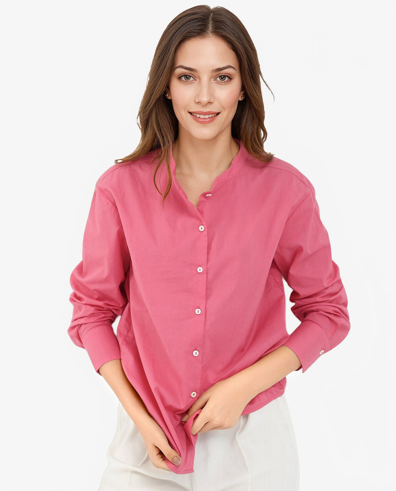 Rareism Women Aytac Light Pink Cotton Fabric Mandarin Collar Solid Shirt