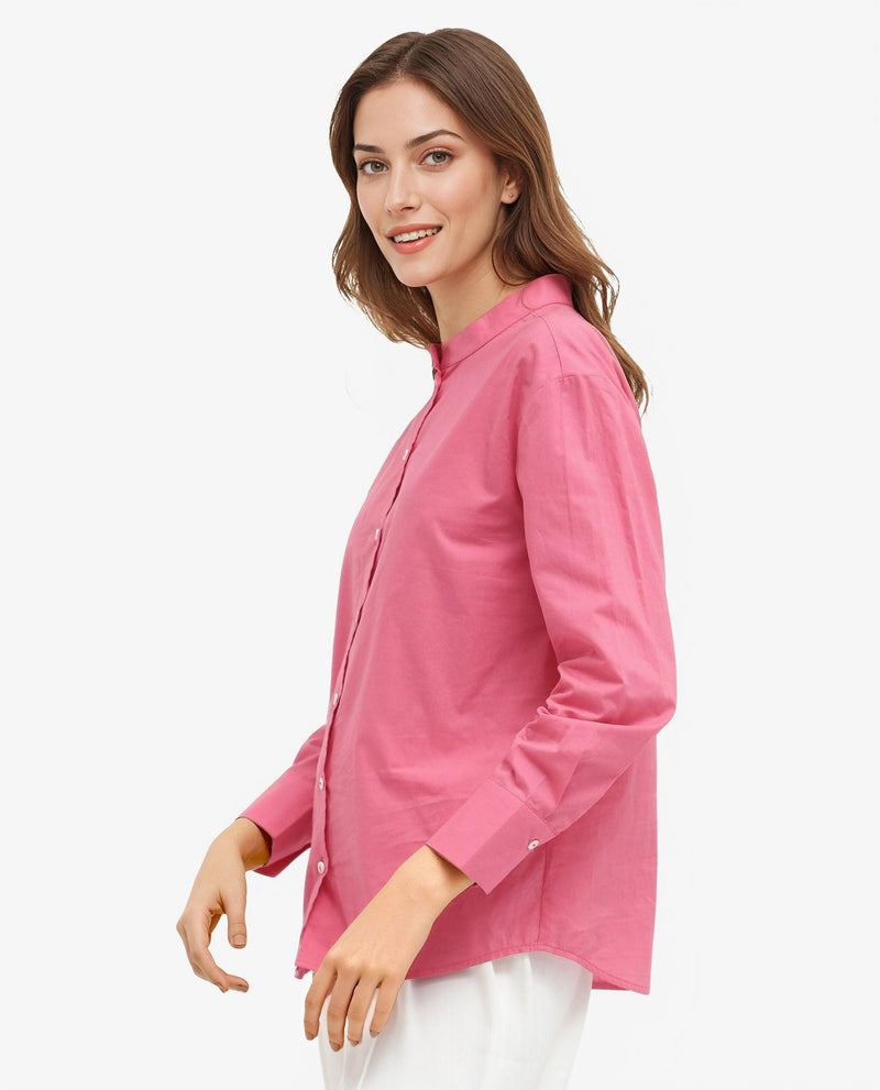 Rareism Women Aytac Light Pink Cotton Fabric Mandarin Collar Solid Shirt