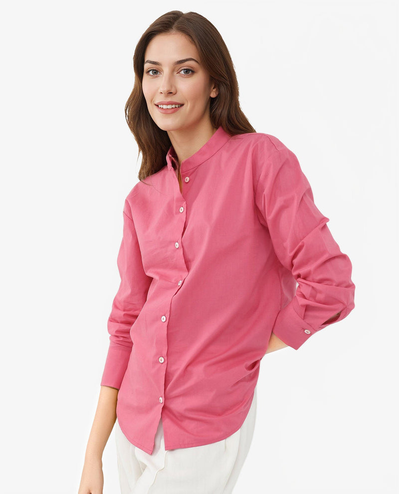 Rareism Women Aytac Light Pink Cotton Fabric Mandarin Collar Solid Shirt