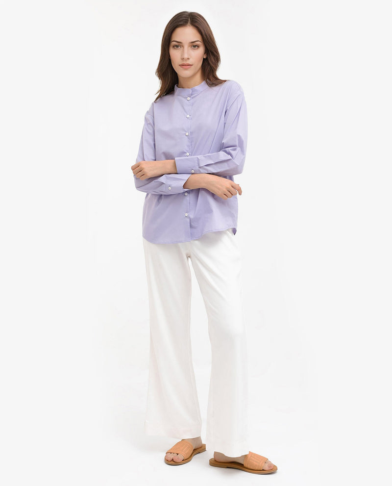 Rareism Women Aytac Light Purple Cotton Fabric Mandarin Collar Solid Shirt