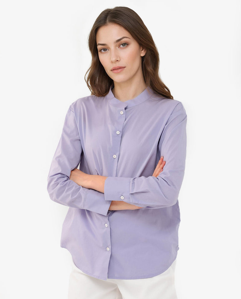 Rareism Women Aytac Light Purple Cotton Fabric Mandarin Collar Solid Shirt