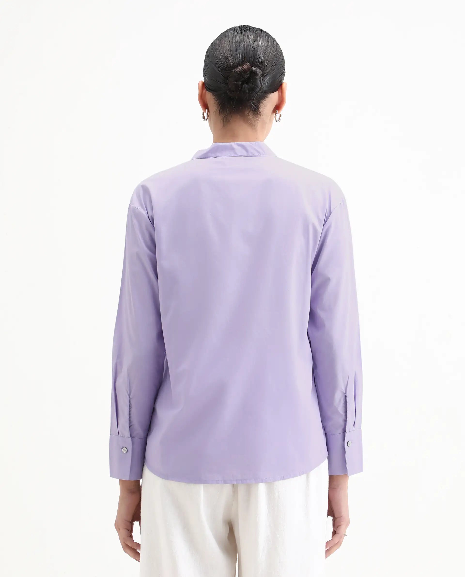 Rareism Women's Aytac Light Purple Cotton Mandarin Collar Plain Cuffed Sleeve Regular Fit Top