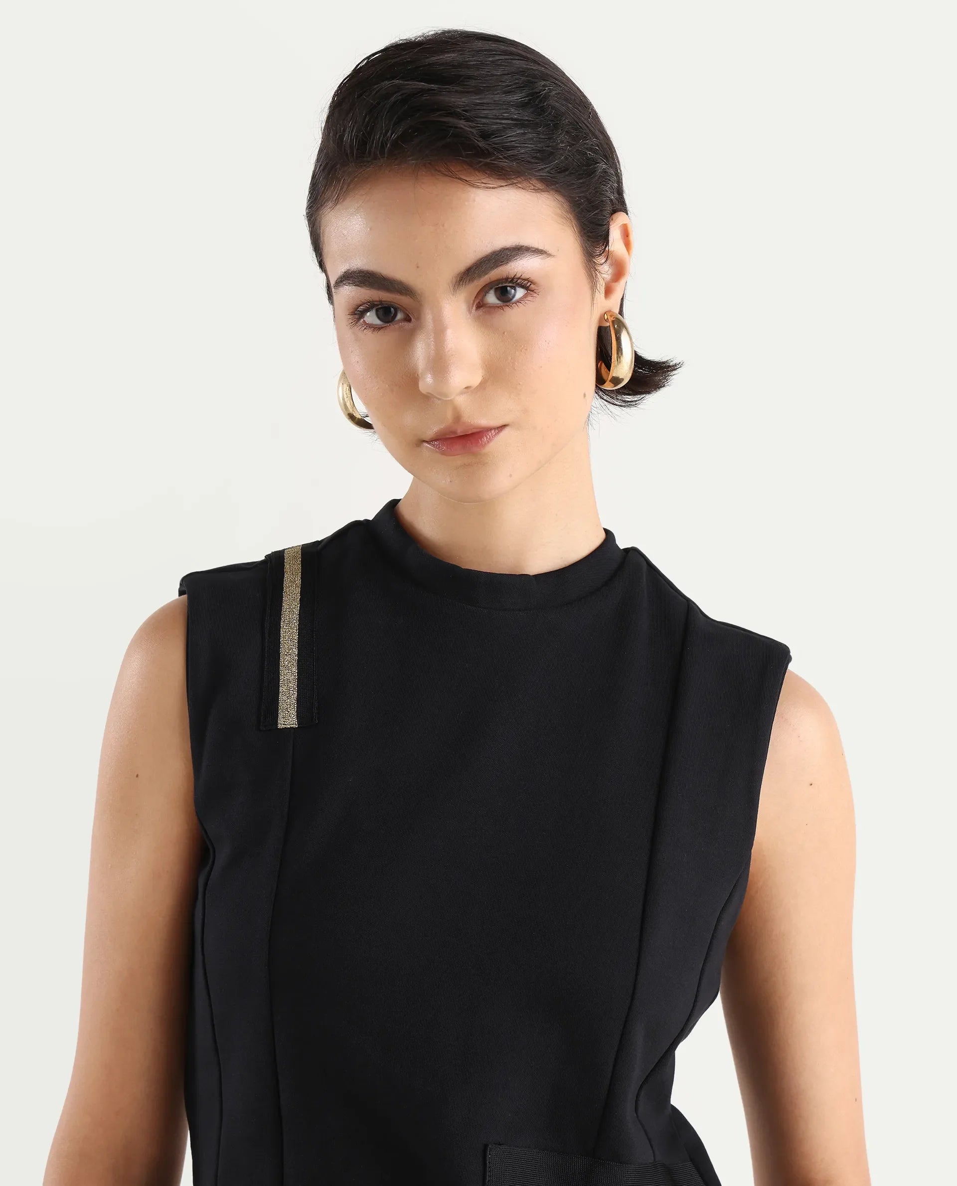 Rareism Women's Aytat Black Cotton High Neck Plain Sleeveless Slim Fit Top