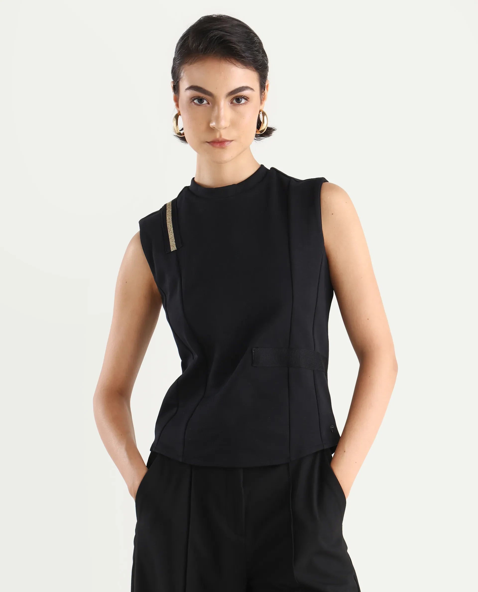 Rareism Women's Aytat Black Cotton High Neck Plain Sleeveless Slim Fit Top