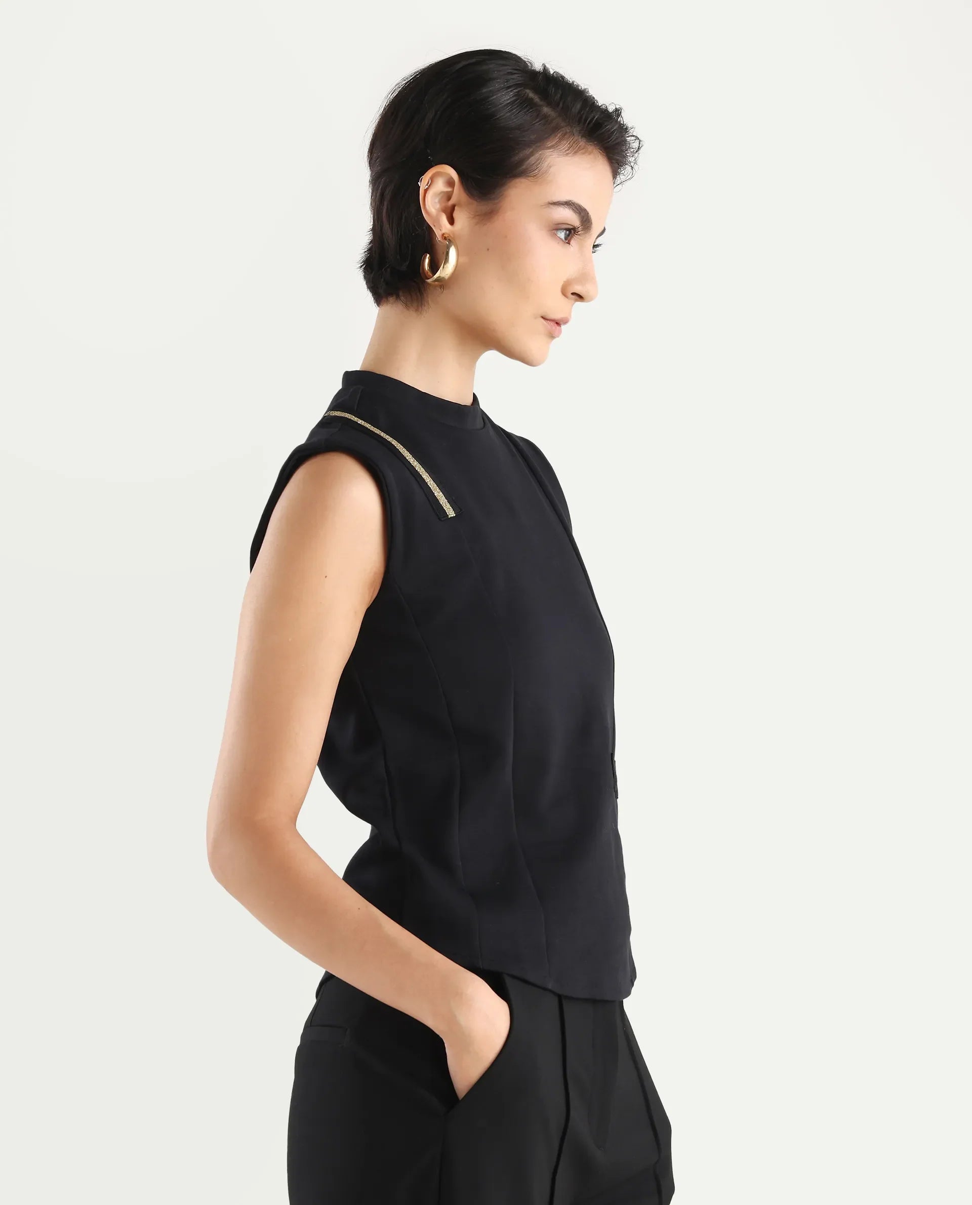 Rareism Women's Aytat Black Cotton High Neck Plain Sleeveless Slim Fit Top