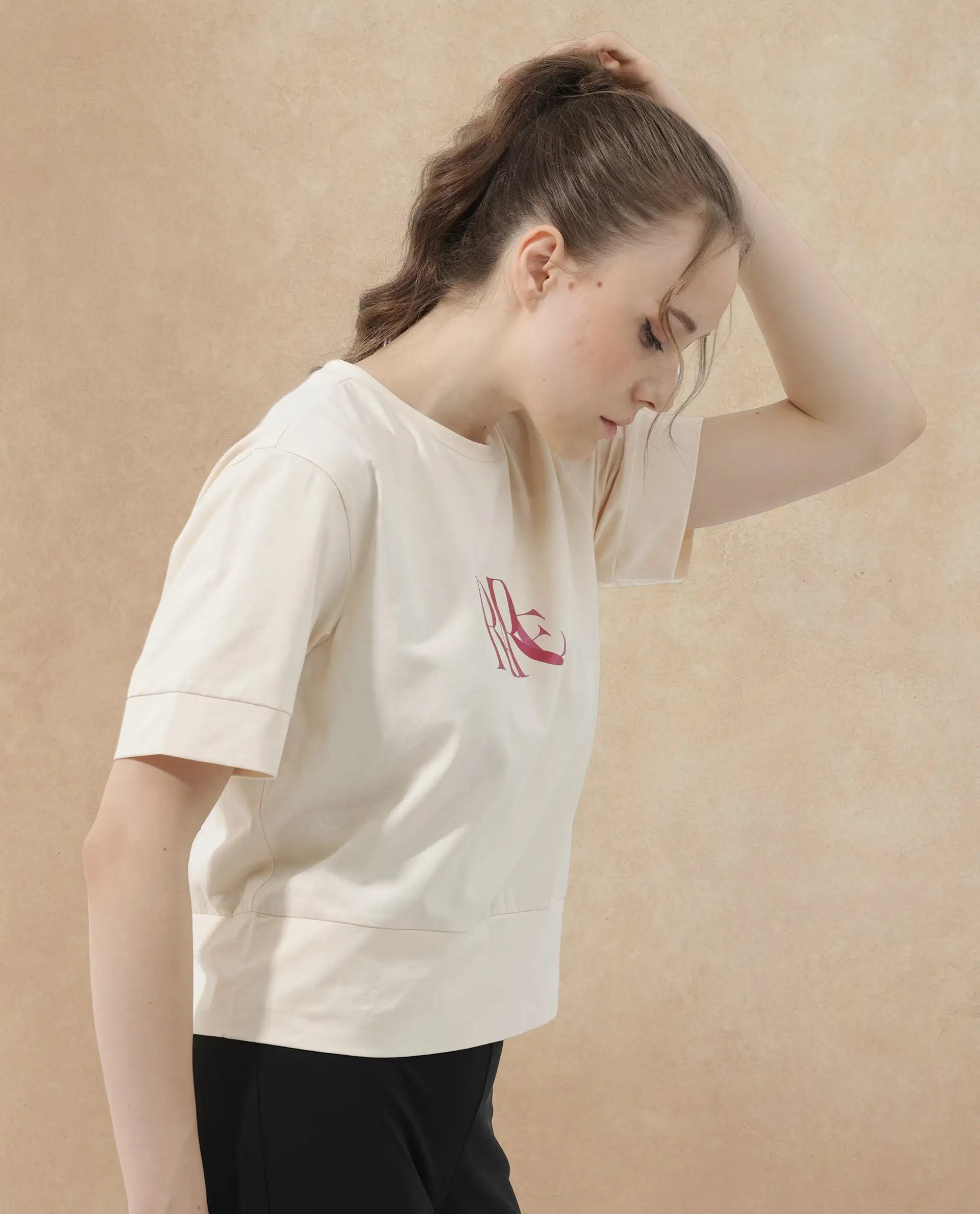 Rareism Women's Azel Light Beige Cotton Blend Crew Neck Graphic Print Regular Fit T-Shirt