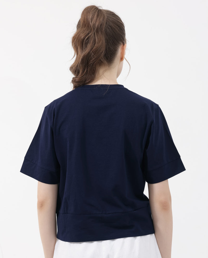 Rareism Women'S Azel Dark Navy Cotton Elastane Fabric Crew Neck Knit Solid T-Shirt