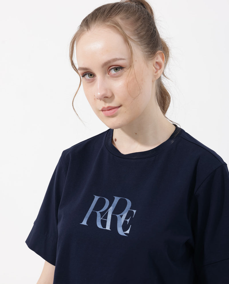 Rareism Women'S Azel Dark Navy Cotton Elastane Fabric Crew Neck Knit Solid T-Shirt