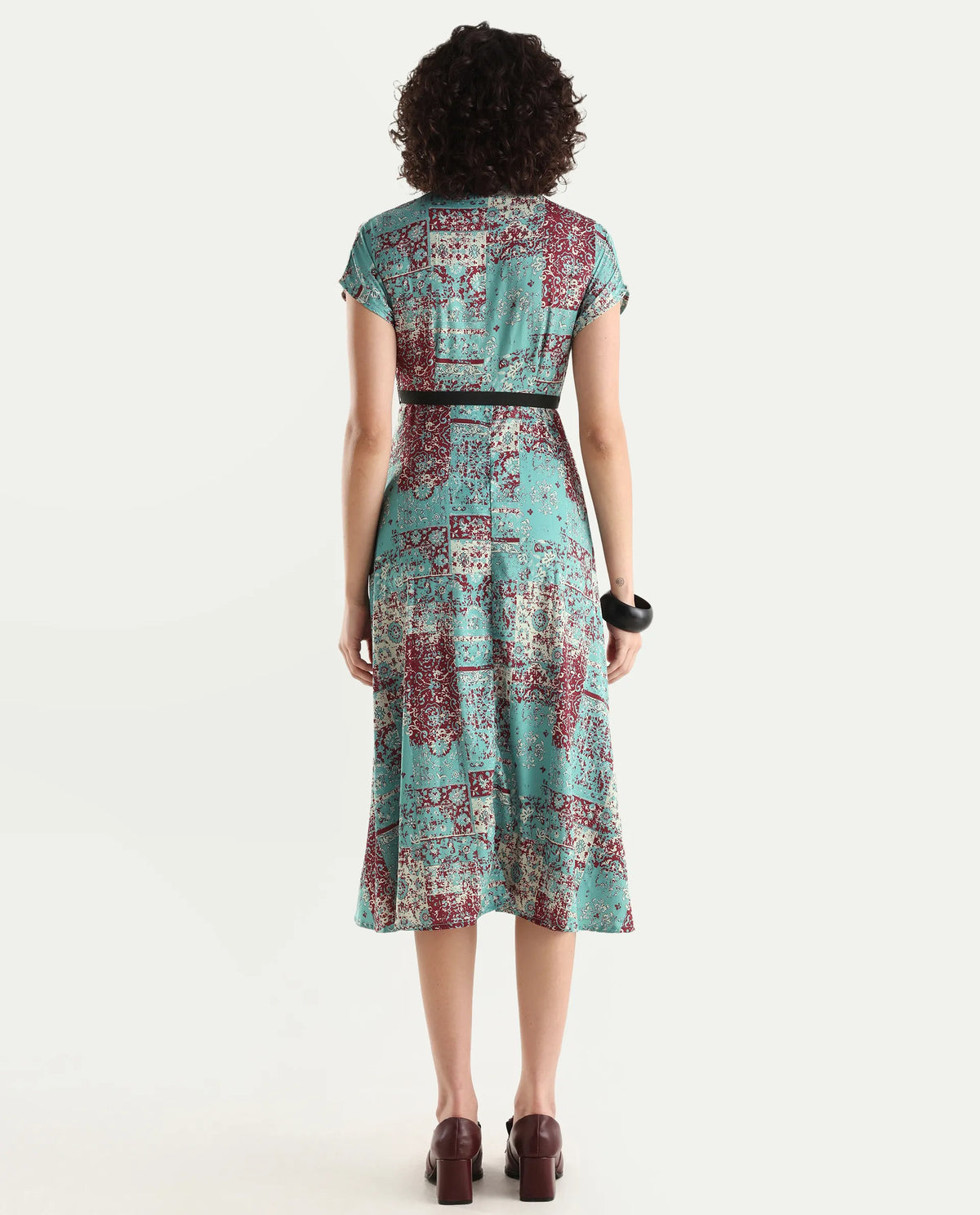 Rareism Women's Azerb Light Multi Satin V-Neck Bandana Print Extended Sleeves Midi A-Line Dress