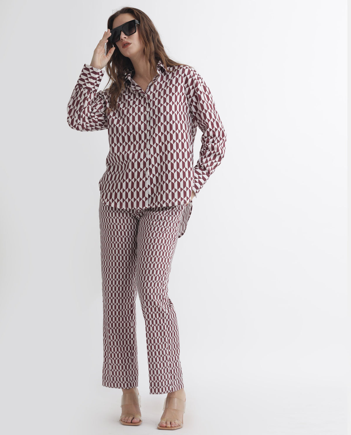 Rareism Women Azsure-B Light Brown Cotton Fabric Tailored Fit Geometric Print Ankle Length Trousers