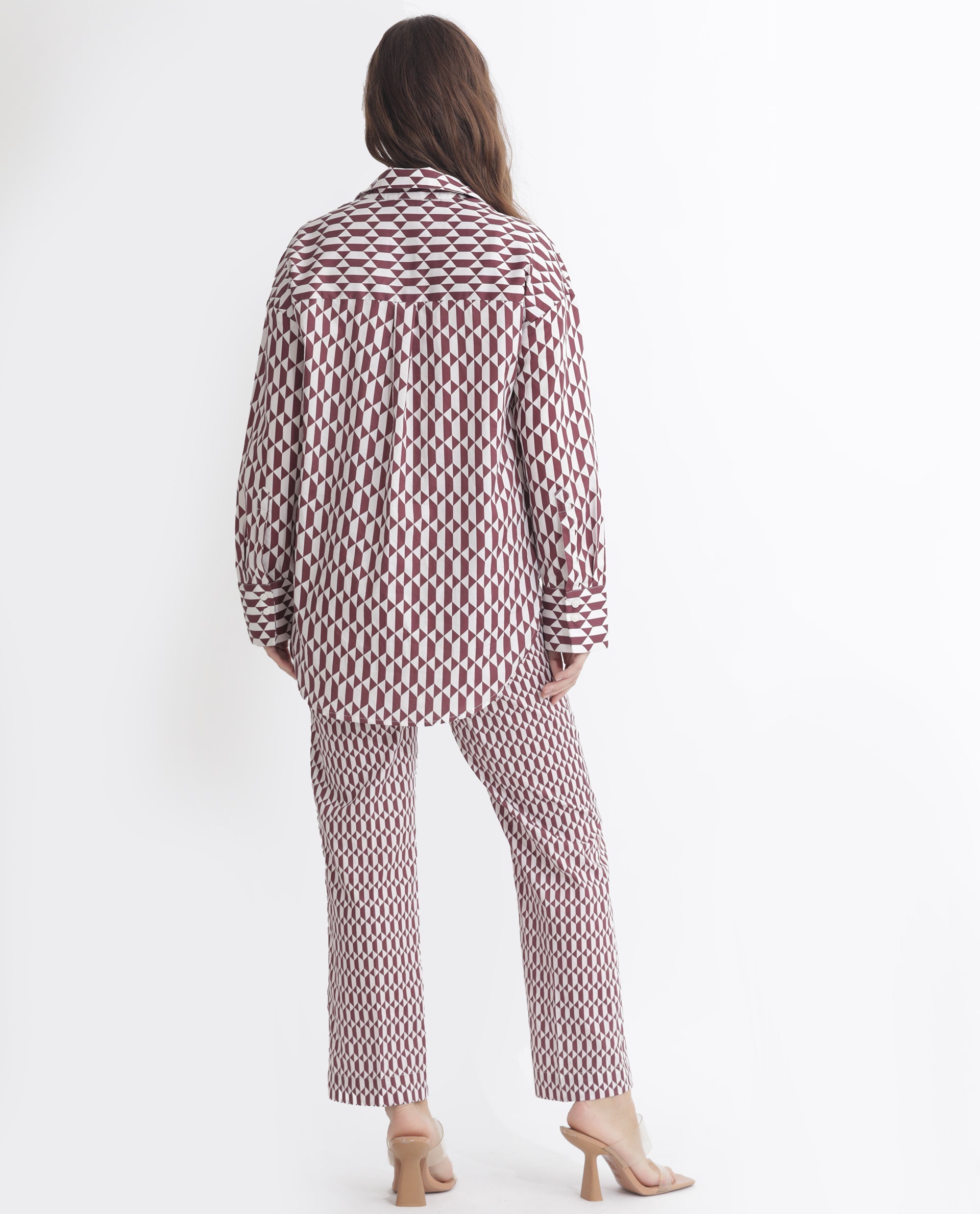 Rareism Women Azsure-B Light Brown Cotton Fabric Tailored Fit Geometric Print Ankle Length Trousers