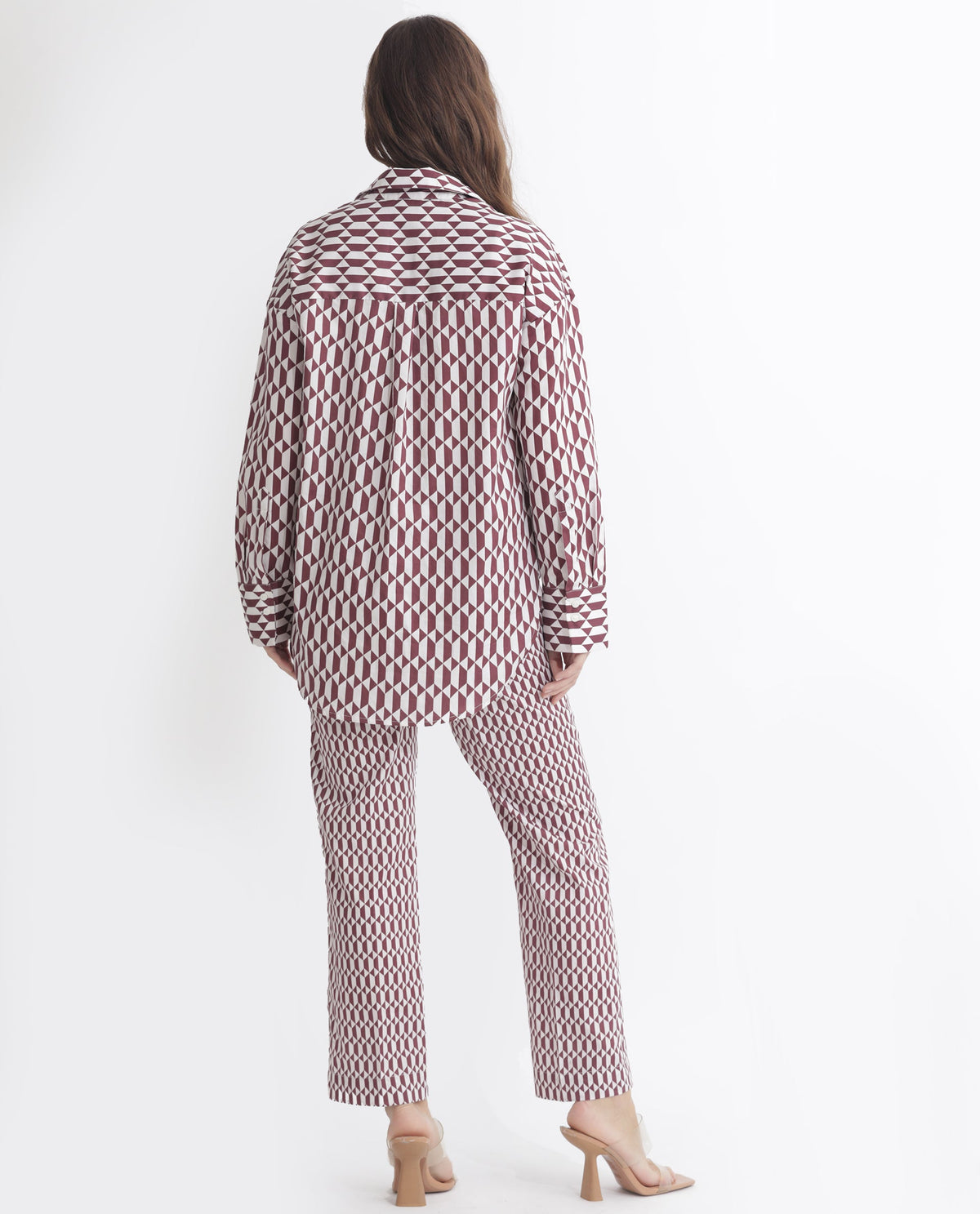 Rareism Women Azsure-B Light Brown Cotton Fabric Tailored Fit Geometric Print Ankle Length Trousers