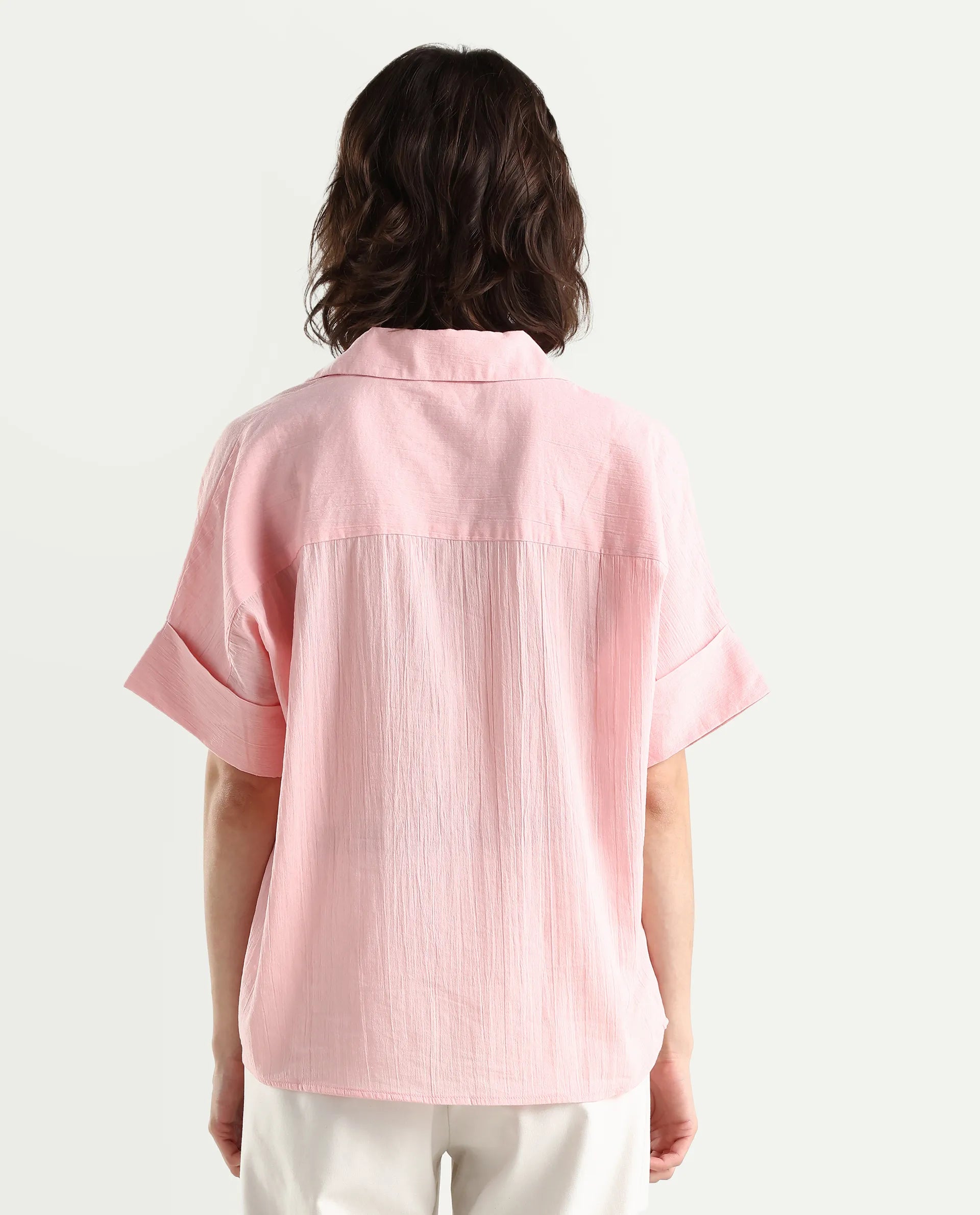 Rareism Women's Azzure Light Pink Cotton Half Sleeve Jonny Collar Boxy Fit plain Top