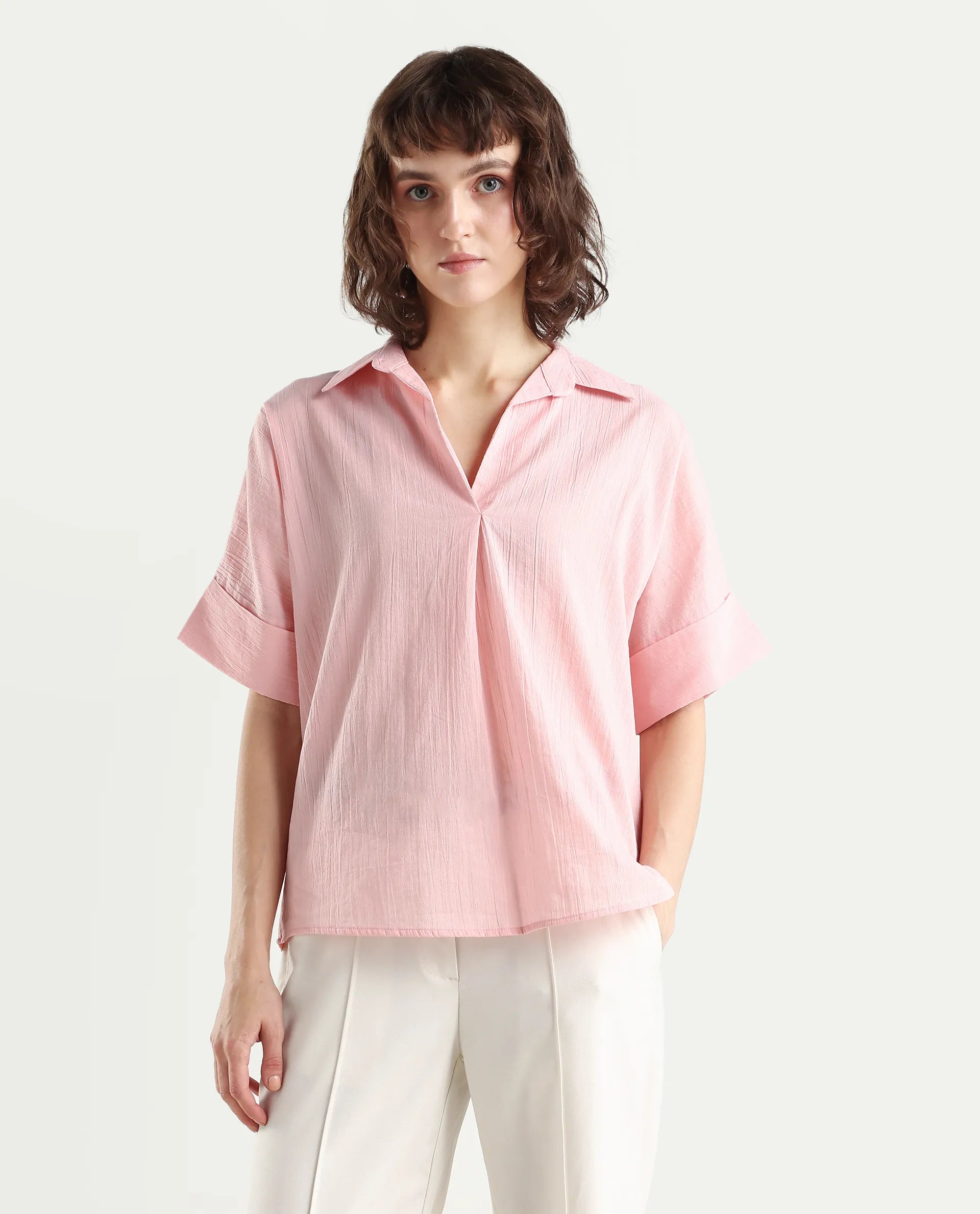 Rareism Women's Azzure Light Pink Cotton Half Sleeve Jonny Collar Boxy Fit plain Top