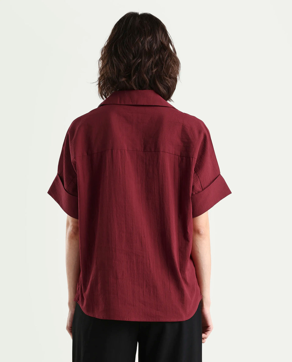 Rareism Women's Azzure Dark Red Cotton Half Sleeve Jonny Collar Boxy Fit plain Top