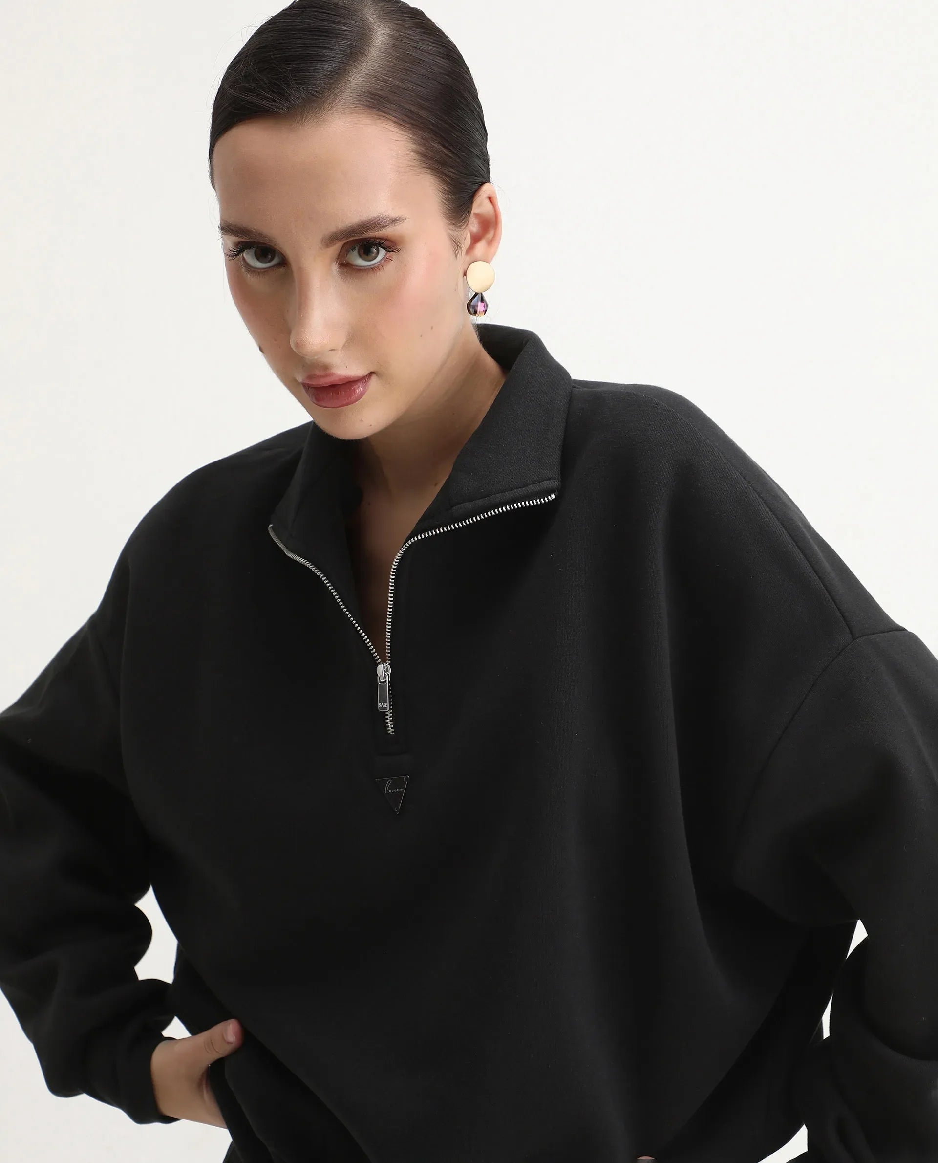 Rareism Women's Ario Black Cotton Blend Fabric Spread Collar Relaxed Fit Printed Sweatshirt