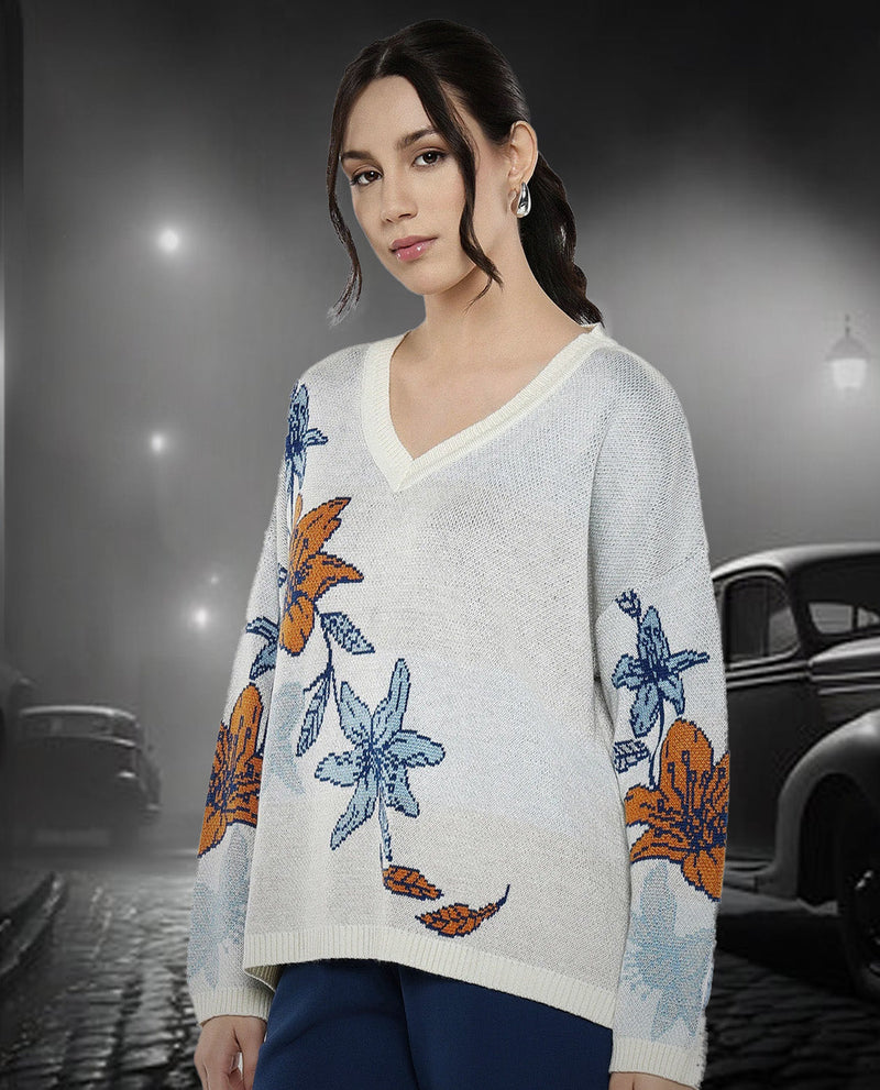 Rareism Women Cometry Off White Relaxed Fit Floral Jacquard Printed Sweater