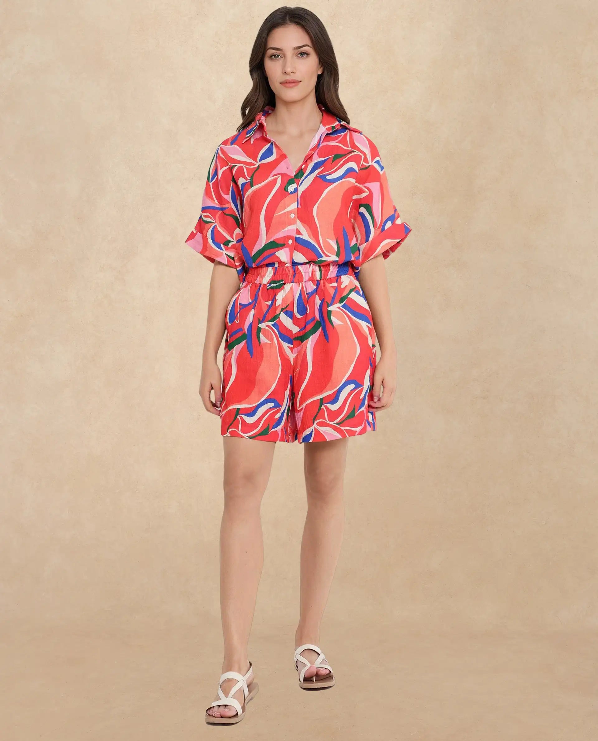 Rareism Women Babuto-T Multi Short Sleeve Tie-Up Neck Button Closure Abstract Print Shirt