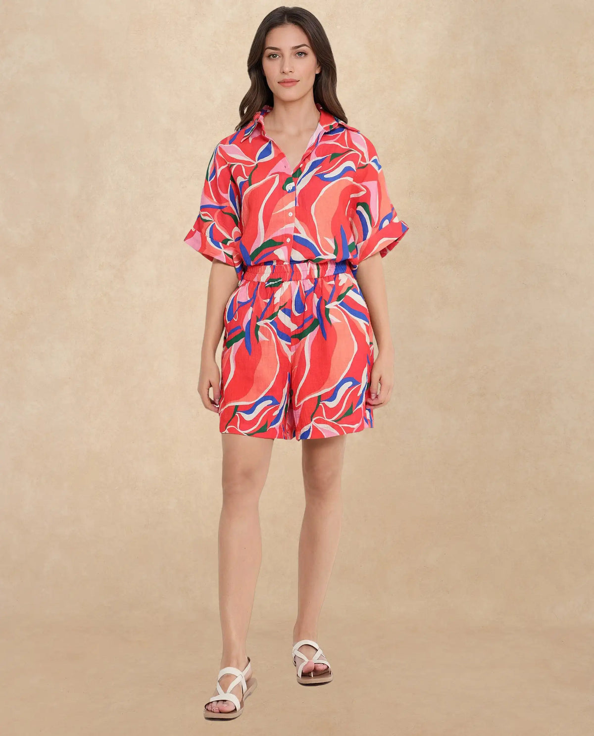 Rareism Women Babuto-T-SC Multi Short Sleeve Tie-Up Neck Button Closure Abstract Print Shirt