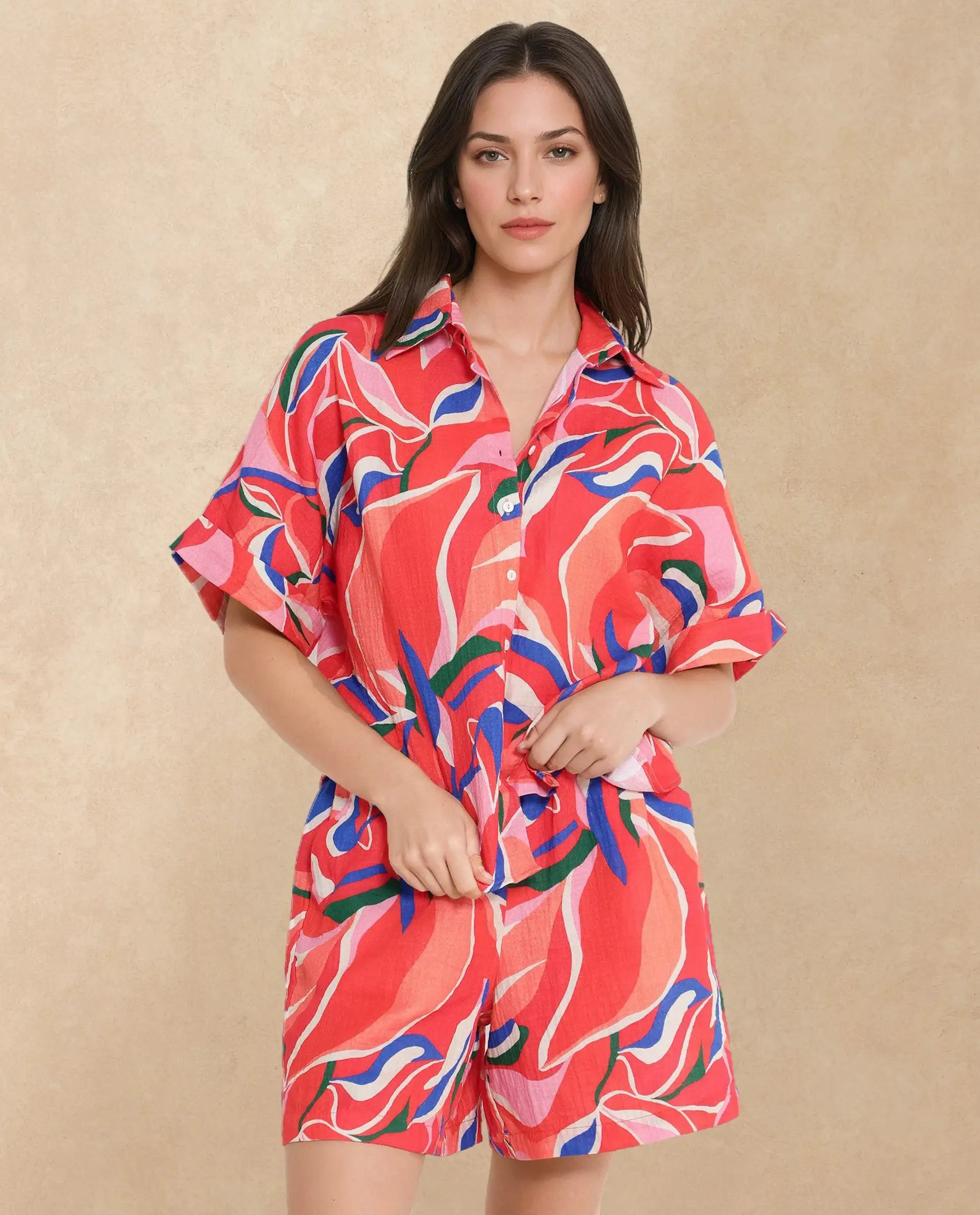 Rareism Women Babuto-T Multi Short Sleeve Tie-Up Neck Button Closure Abstract Print Shirt