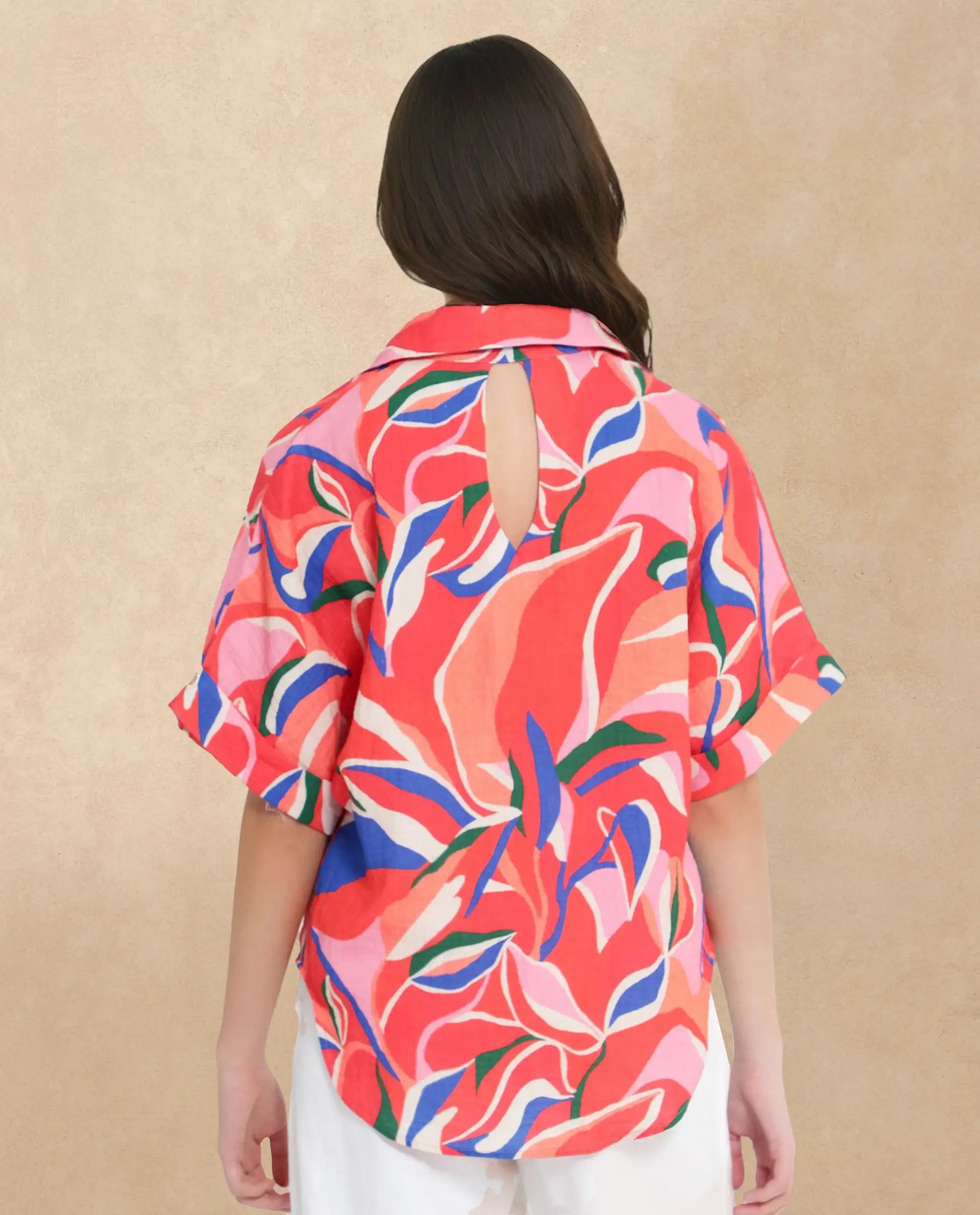 Rareism Women Babuto-T Multi Short Sleeve Tie-Up Neck Button Closure Abstract Print Shirt