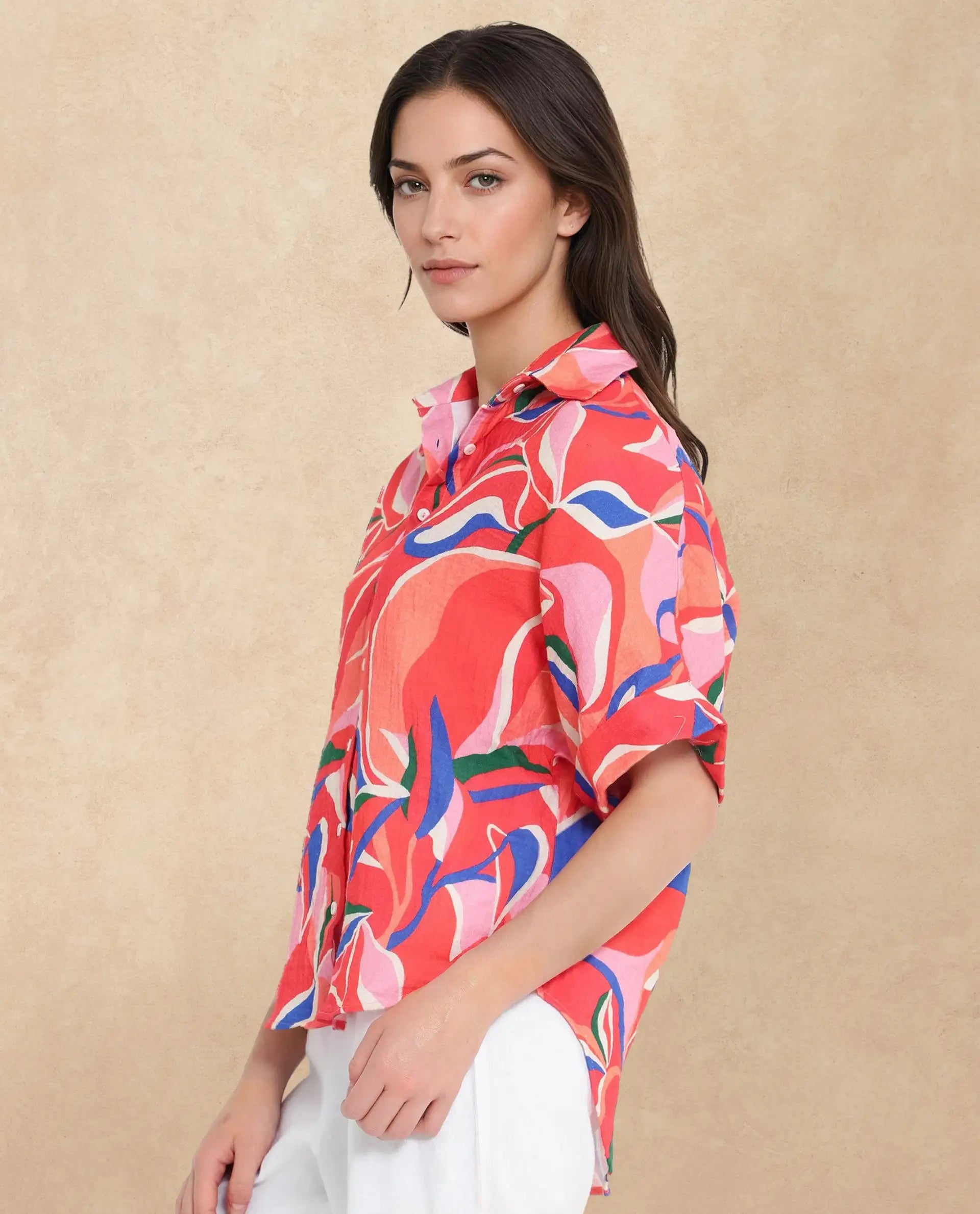 Rareism Women Babuto-T Multi Short Sleeve Tie-Up Neck Button Closure Abstract Print Shirt