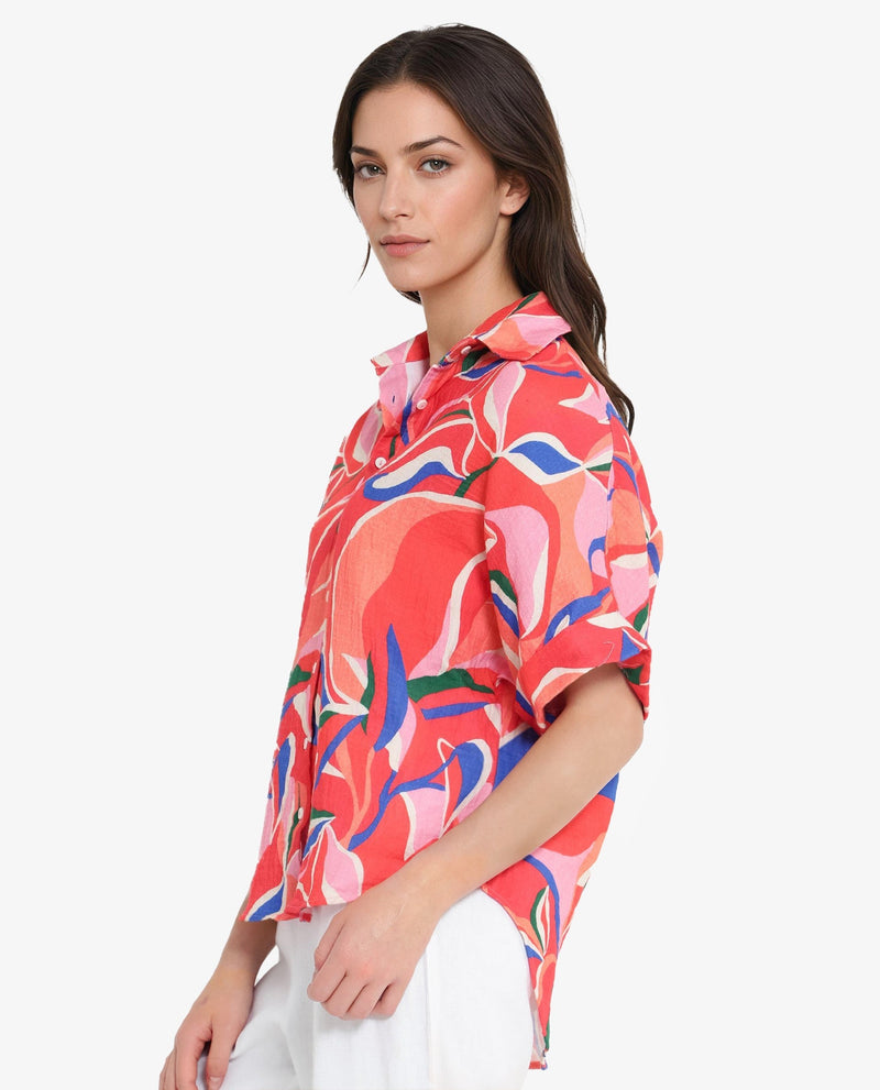 Rareism Women Babuto-T Multi Short Sleeve Tie-Up Neck Button Closure Abstract Print Shirt