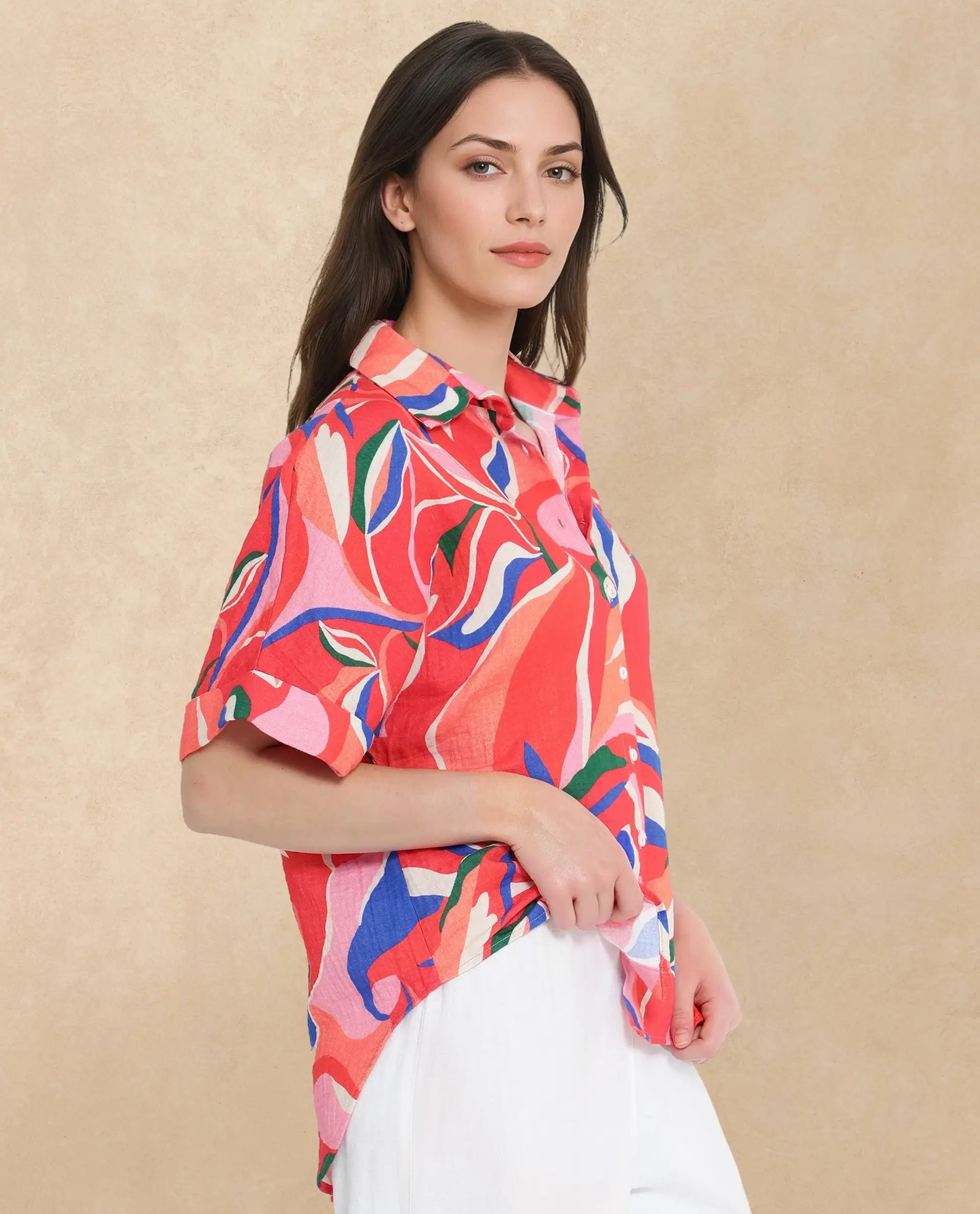 Rareism Women Babuto-T Multi Short Sleeve Tie-Up Neck Button Closure Abstract Print Shirt