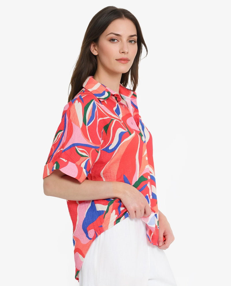 Rareism Women Babuto-T Multi Short Sleeve Tie-Up Neck Button Closure Abstract Print Shirt