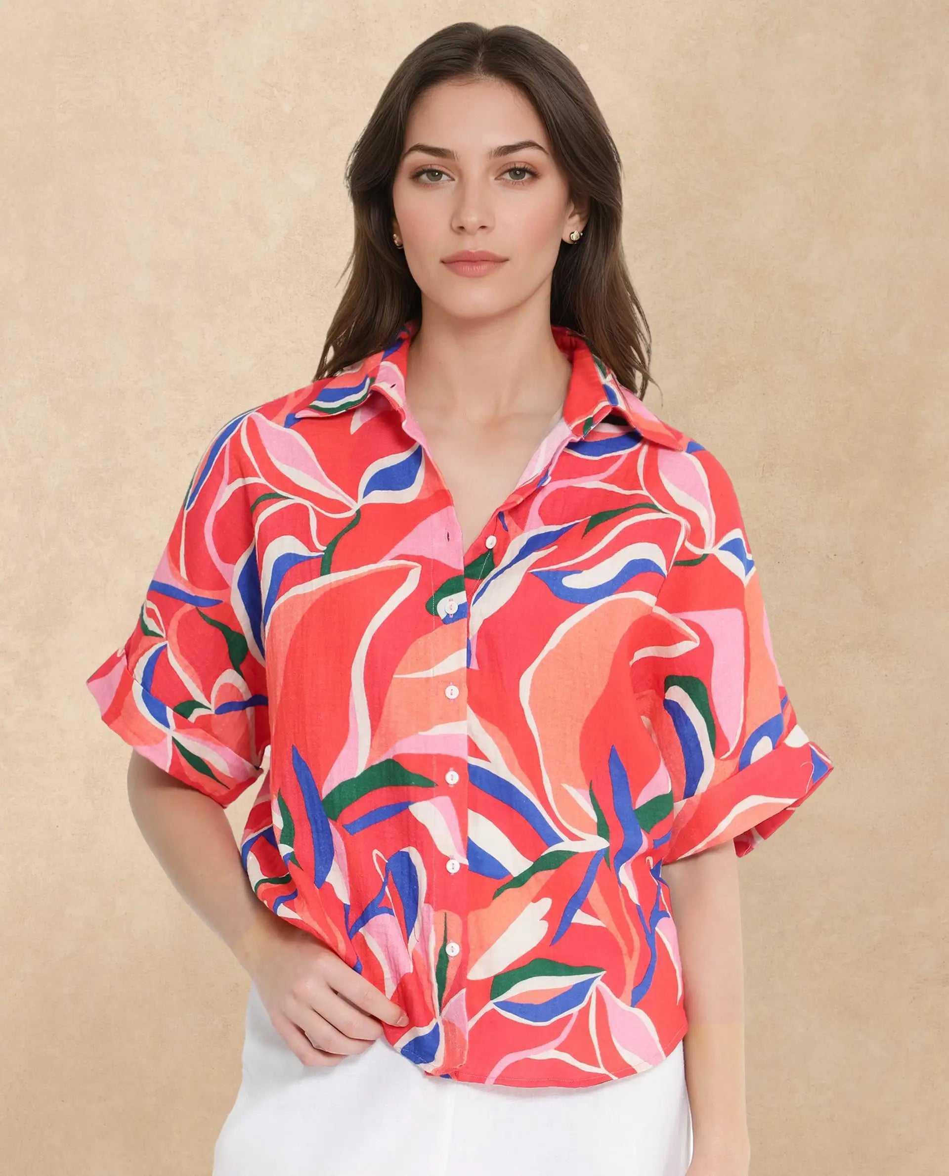 Rareism Women Babuto-T Multi Short Sleeve Tie-Up Neck Button Closure Abstract Print Shirt