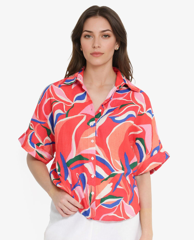 Rareism Women Babuto-T Multi Short Sleeve Tie-Up Neck Button Closure Abstract Print Shirt