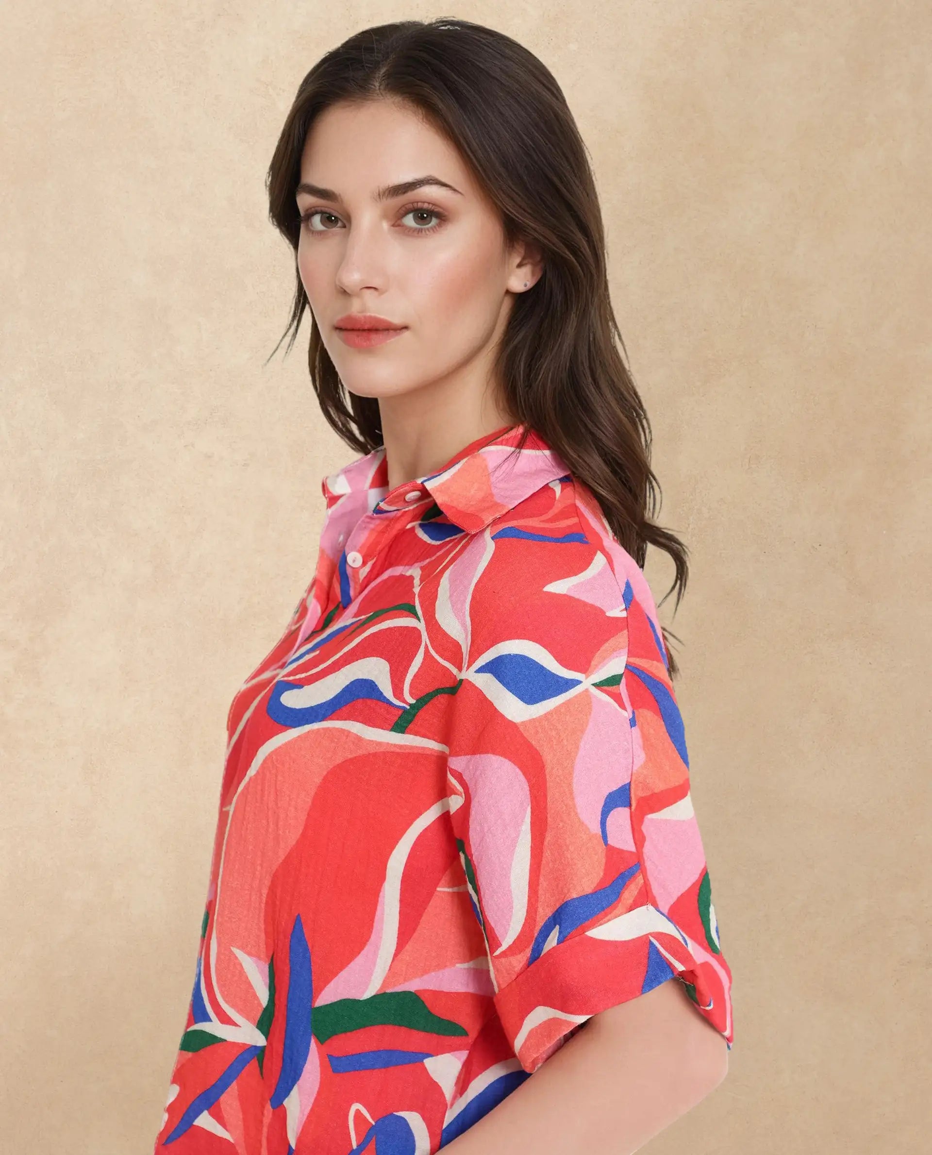 Rareism Women Babuto-T Multi Short Sleeve Tie-Up Neck Button Closure Abstract Print Shirt