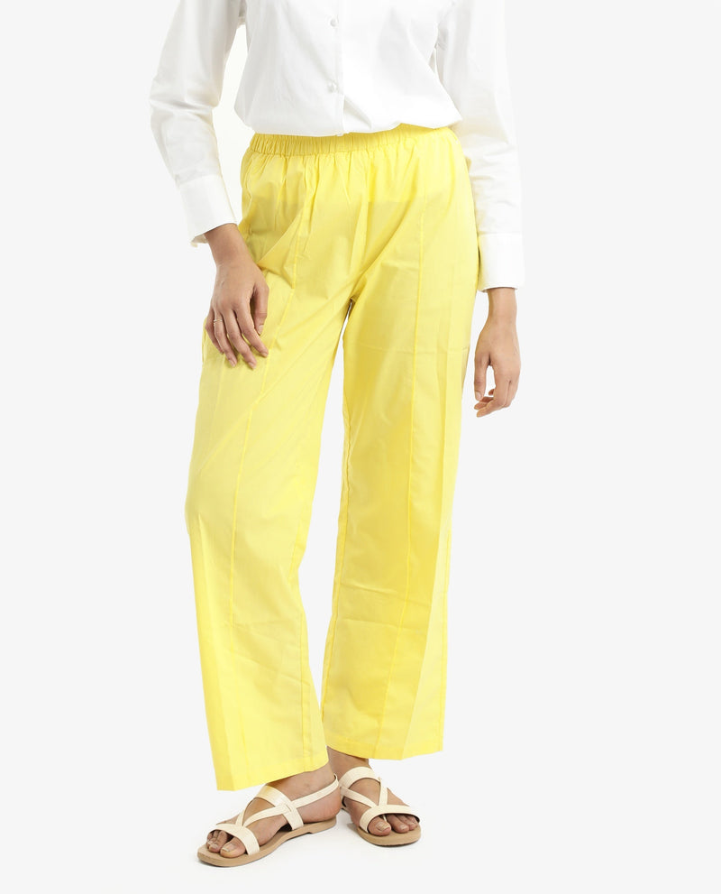 Rareism Women Badgle-B Pastel Yellow Cotton Fabric Regular Length Trouser