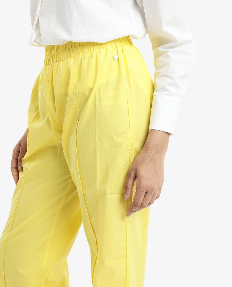 Rareism Women Badgle-B Pastel Yellow Cotton Fabric Regular Length Trouser