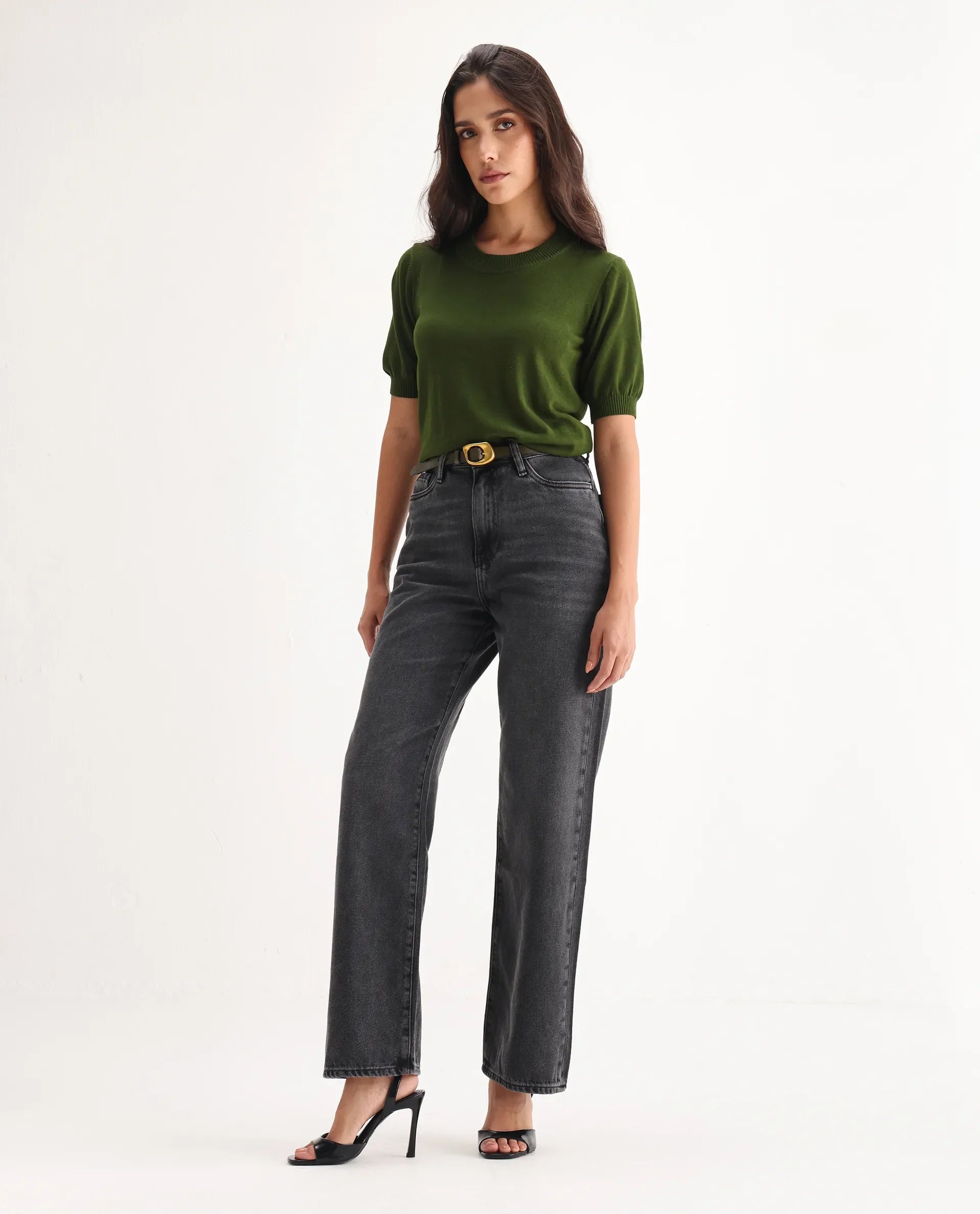 Rareism Women's Baeu Grey Cotton Blend Plain Ankle Length Straight Fit Jeans