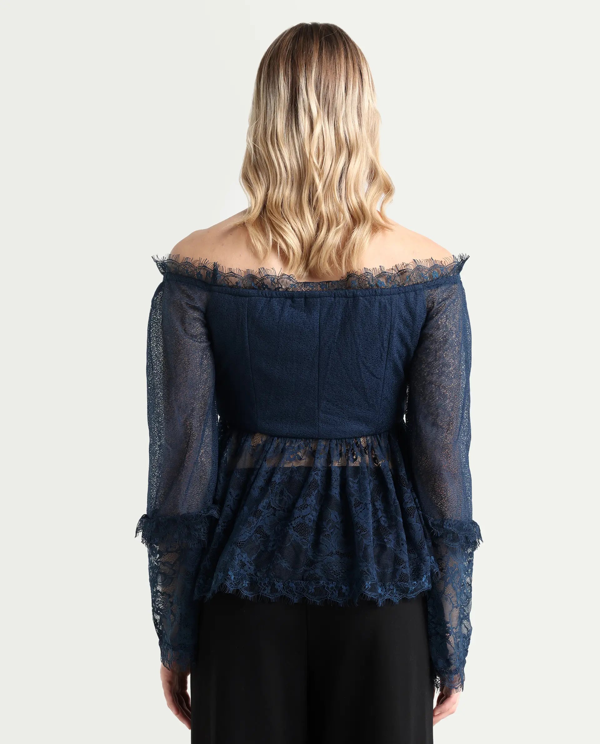 Rareism Women's Balikesar Blue Polyester Off Shoulder Plain Flared Sleeve Flared Top