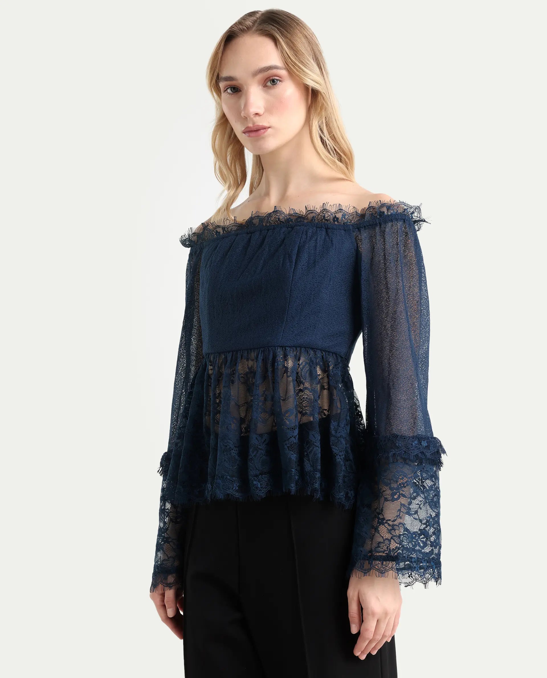 Rareism Women's Balikesar Blue Polyester Off Shoulder Plain Flared Sleeve Flared Top