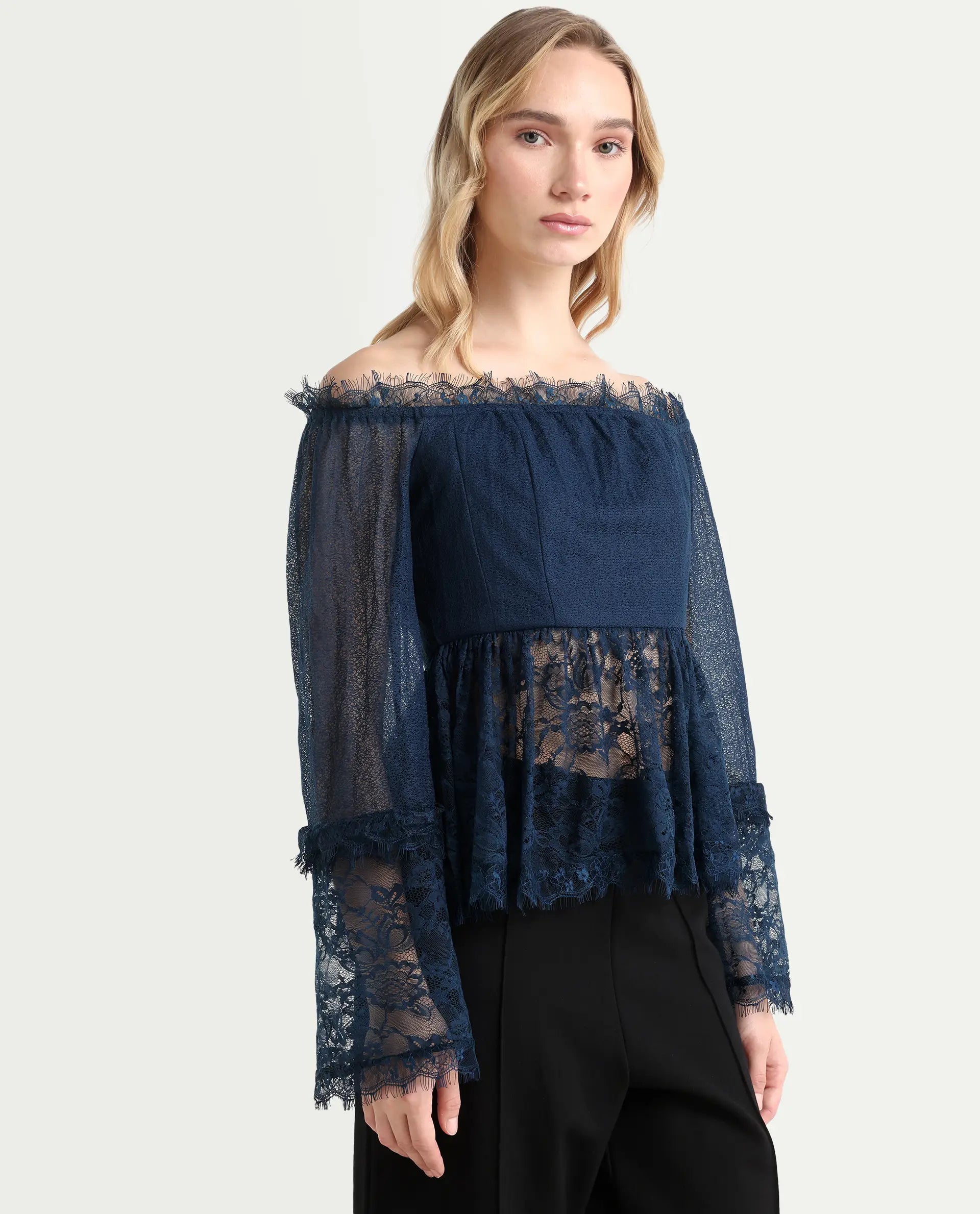 Rareism Women's Balikesar Blue Polyester Off Shoulder Plain Flared Sleeve Flared Top